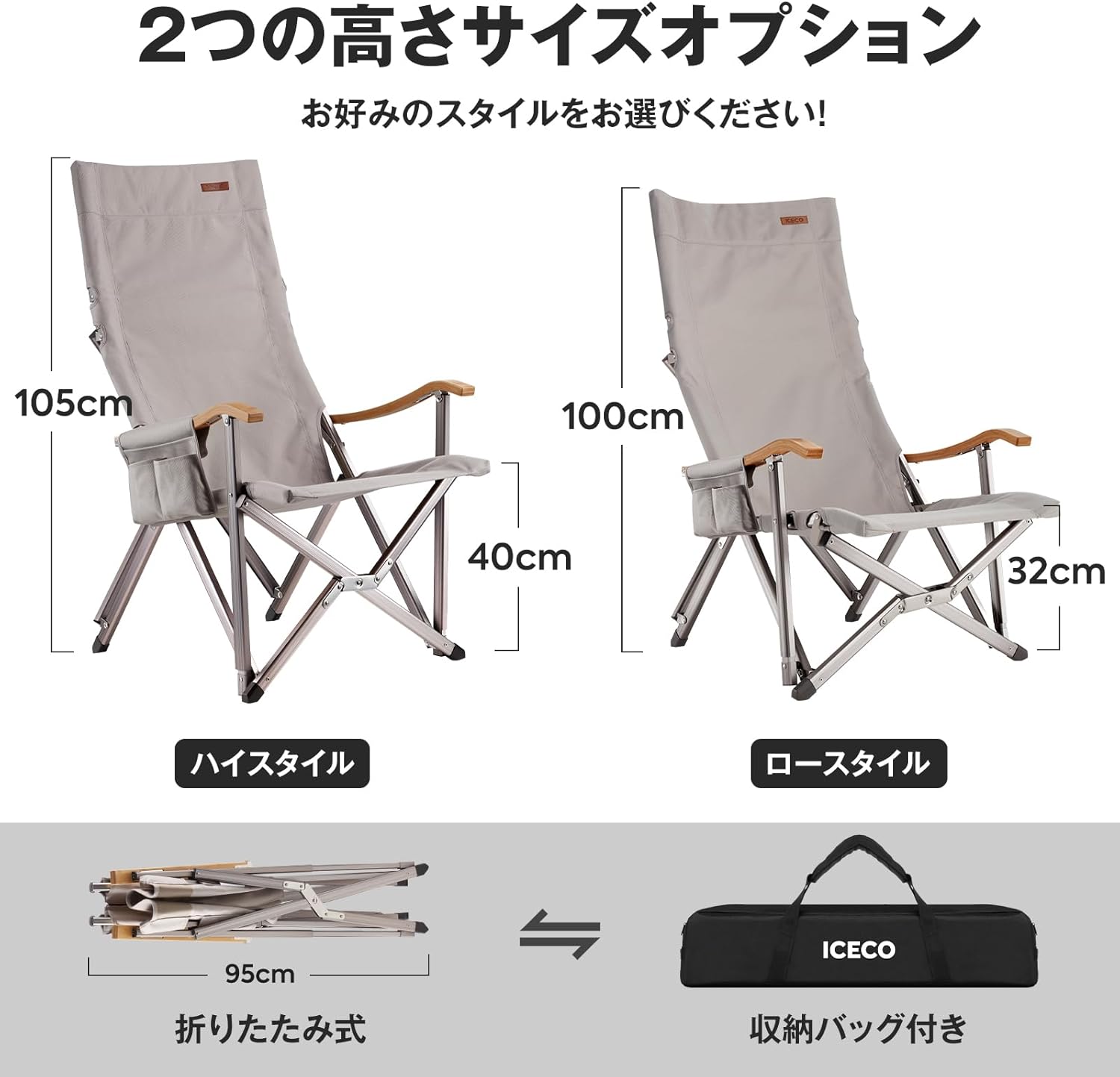耐荷重285KG ICECO アウトドアチェア 1600D生地・A7075アルミ・折りたたみ式・コンパクト (グレー)