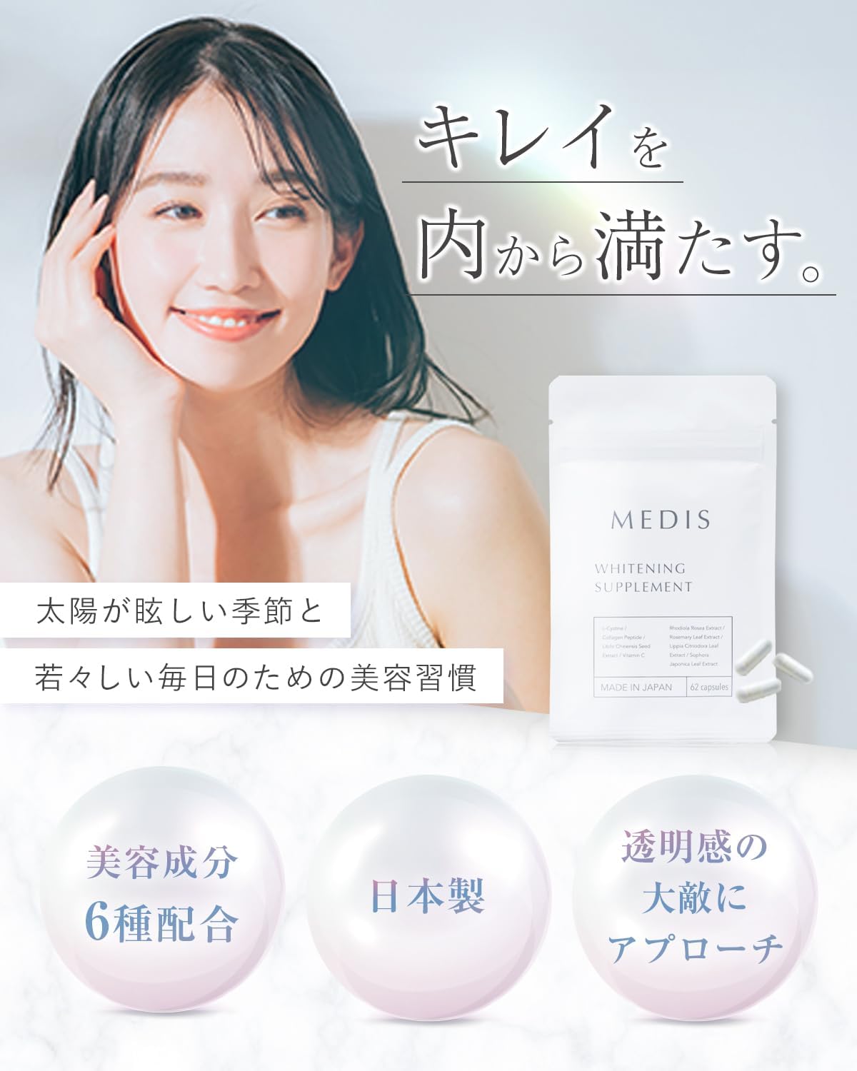 飲む太陽対策サプリメント コラーゲンペプチド Ｌ-シスチン・ビタミンC配合 62錠 日本製
