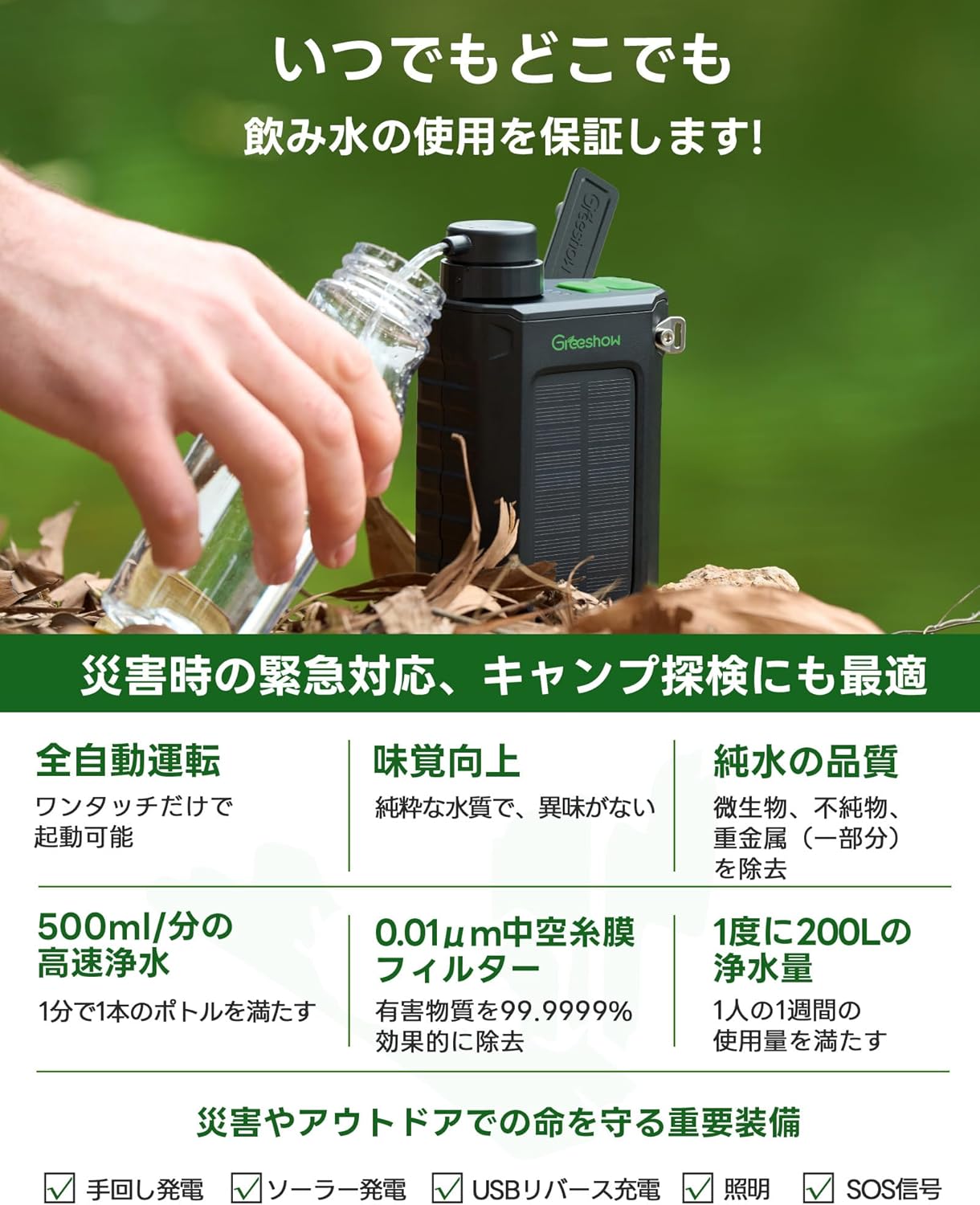 防災用携帯浄水器 Greeshow 電動式 ソーラー充電機能付き【日本正規品】 災害対策・キャンプ・登山向け 軽量 PSE適合 GS-2811
