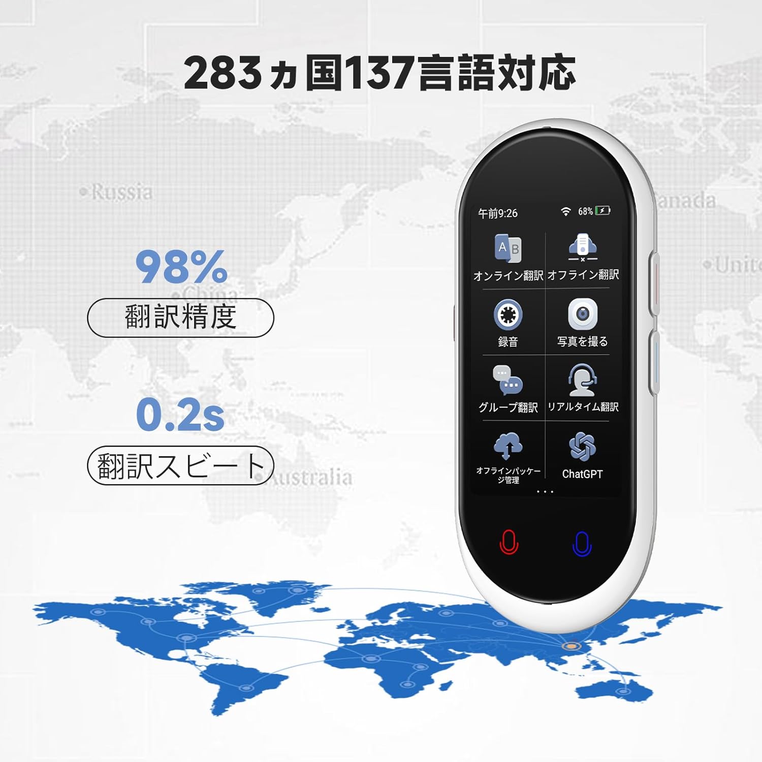 MUMEOMU Z8 AI翻訳機 - 283ヵ国137言語対応、双方向音声翻訳【リアルタイム・オフライン・カメラ翻訳】