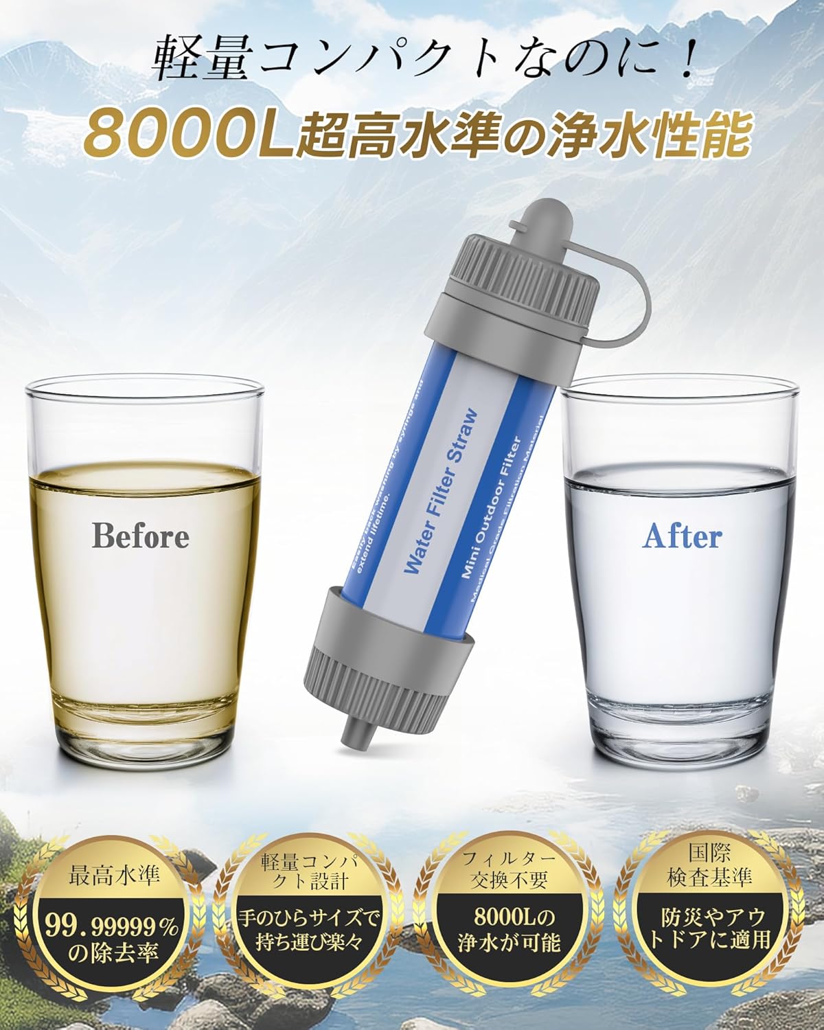 携帯用浄水器 8000L 中空糸膜タイプ アウトドア・防災用 軽量コンパクト