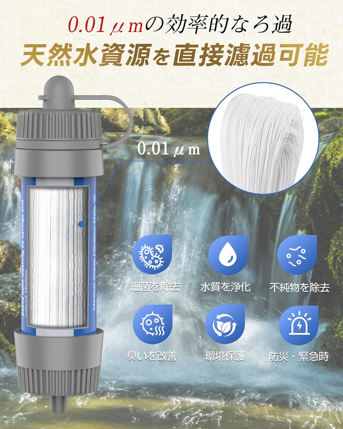 携帯用浄水器 8000L 中空糸膜タイプ アウトドア・防災用 軽量コンパクト