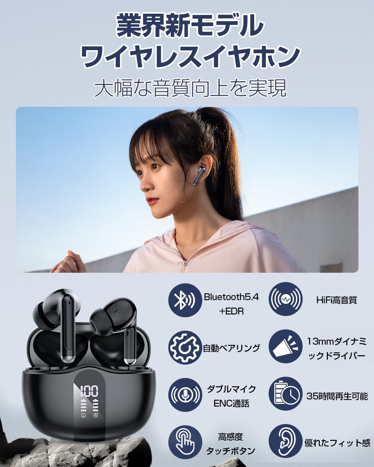 2025年モデル Bluetooth5.4 ワイヤレスイヤホン Hi-Fi音質 ダブルマイク ENCノイズキャンセリング 35時間再生 (マットブラック)