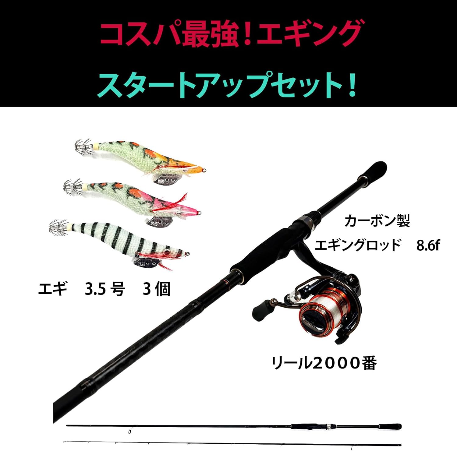 エギング初心者向けセット ロッド・リール・エギ3個付き 8.6f 2000番
