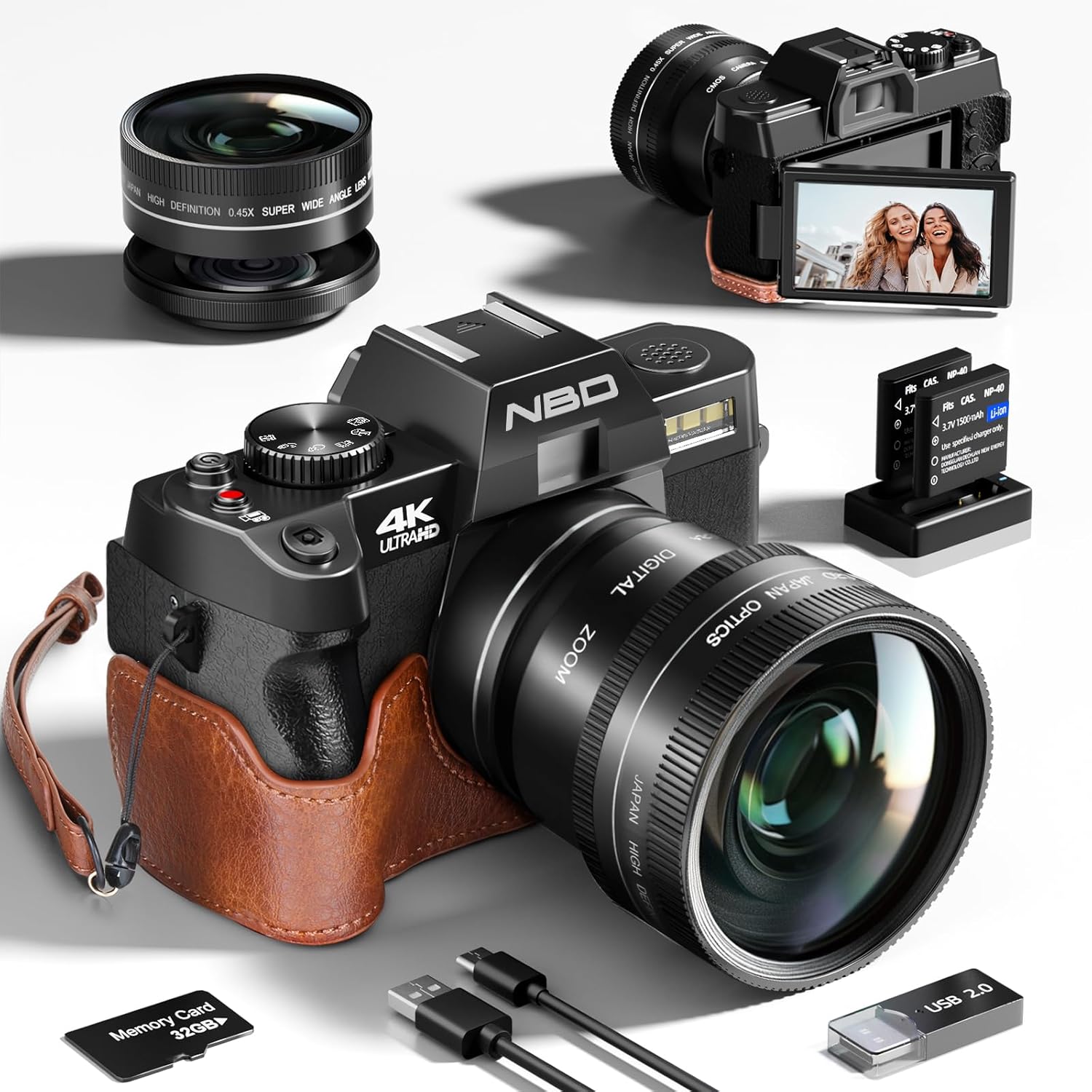 WiFiアプリ制御 4K 4800万画素 デジタル一眼レフカメラ（ハーフケース付） - マクロ＆広角レンズ、16倍ズーム、LEDフラッシュ、32GB microSDカード＆バッテリー2個付属 (ブラック)