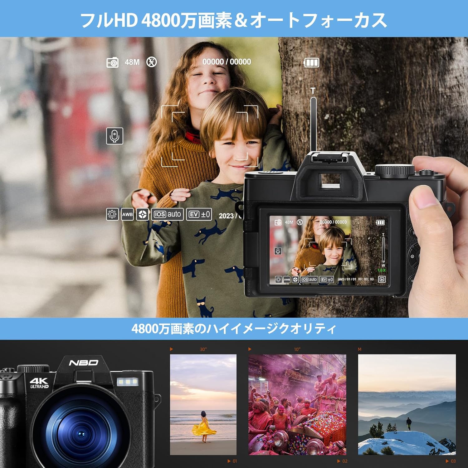 4K4800万画素デジタル一眼レフカメラ【マクロ・広角レンズ・Wi-Fi対応】16倍ズーム・AF機能・LEDフラッシュ付属（32GB microSDカード・バッテリー2個付き・ブラック）