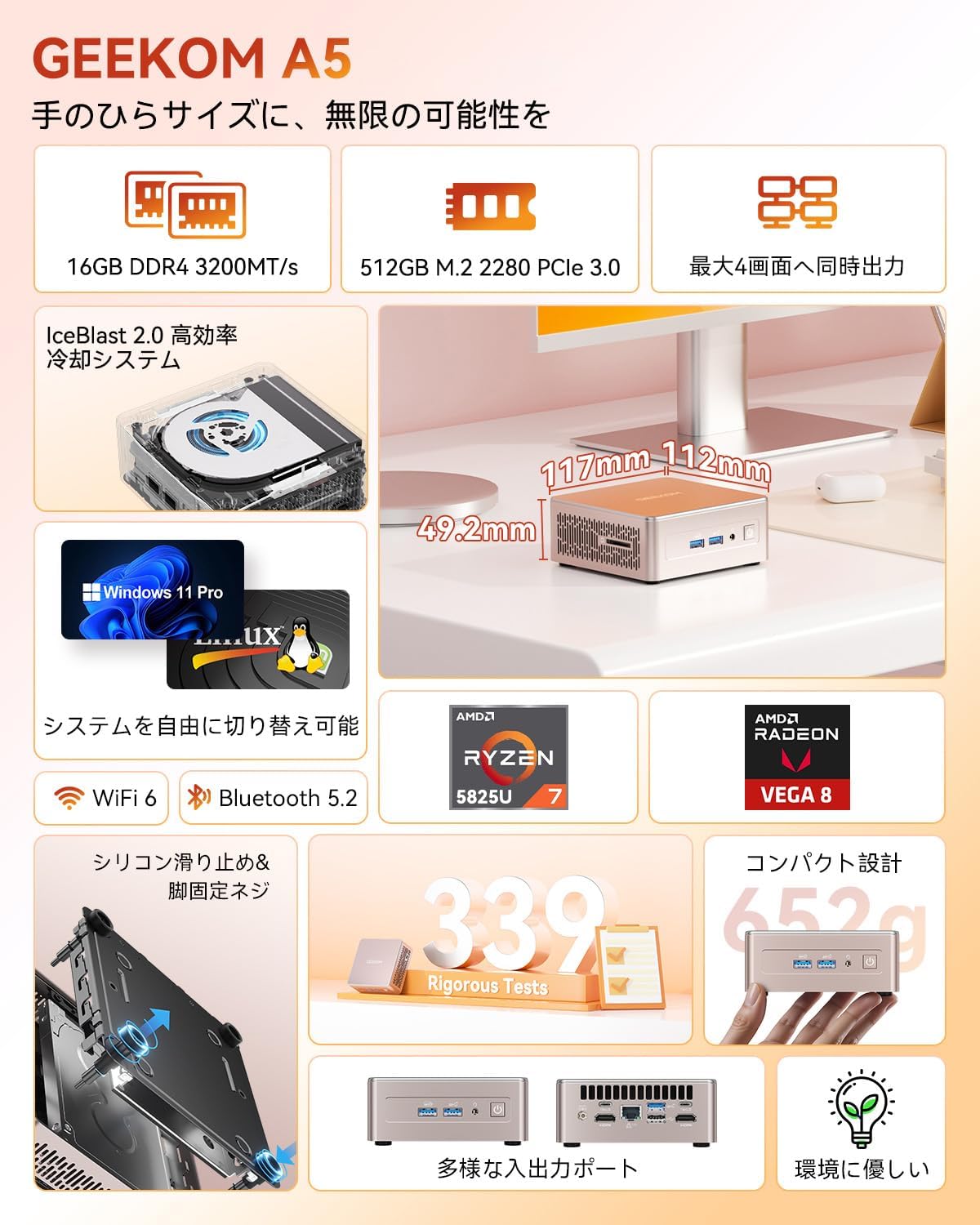 GEEKOM A5 ミニPC (AMD Ryzen7 5825U, 16GB+512GB SSD, Windows11 Pro, 超小型, 最大5TB拡張可能)