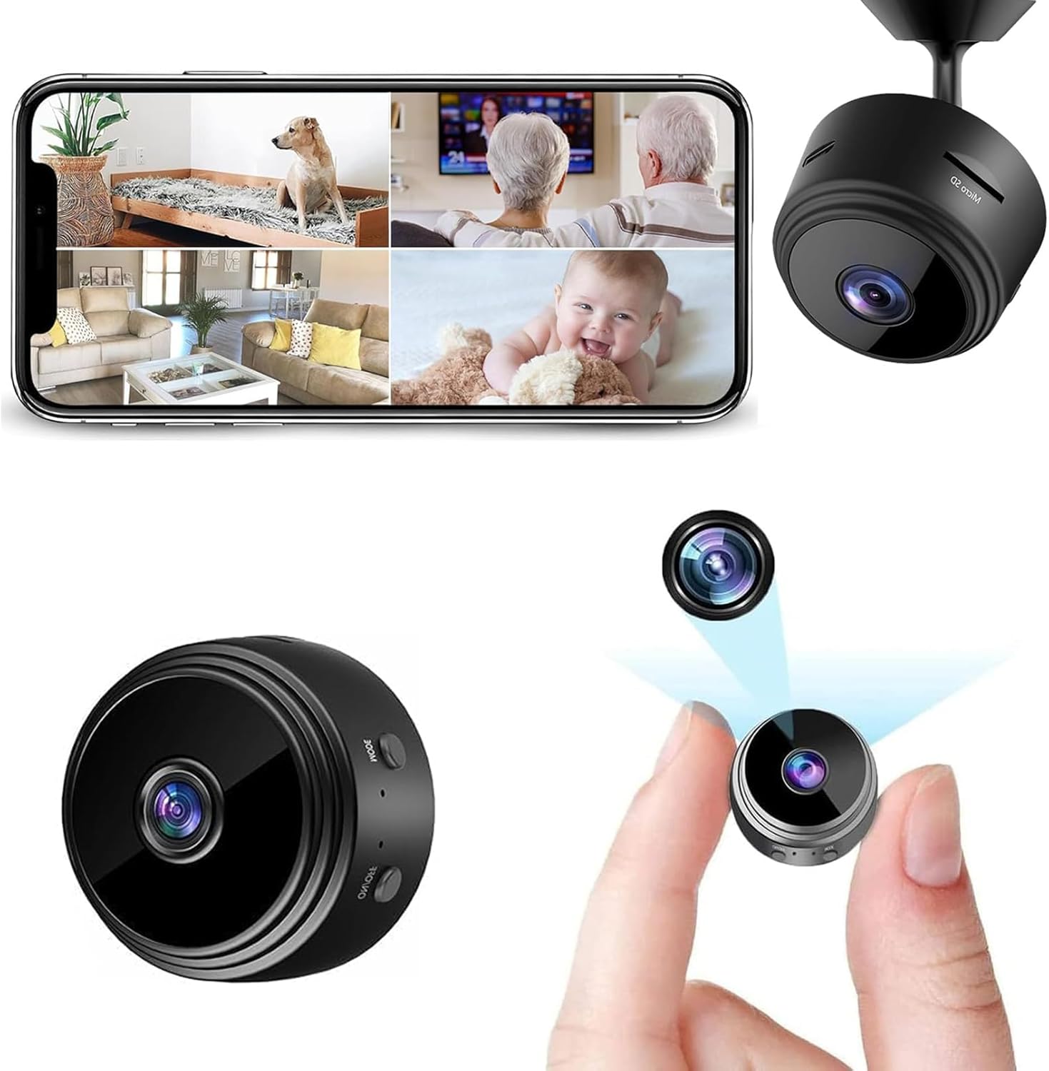 スマホ連動 1080P 超小型監視カメラ 多機能暗視・動体検知対応 USB充電 卓上・壁掛け用