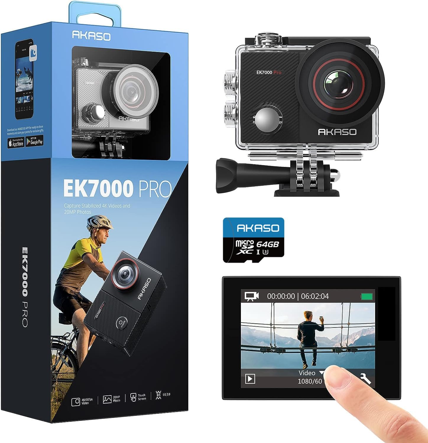 4Kアクションカメラ AKASO EK7000 Pro + 64GBメモリカード・手ブレ補正・40m防水・リモコン付き・豊富なアクセサリー