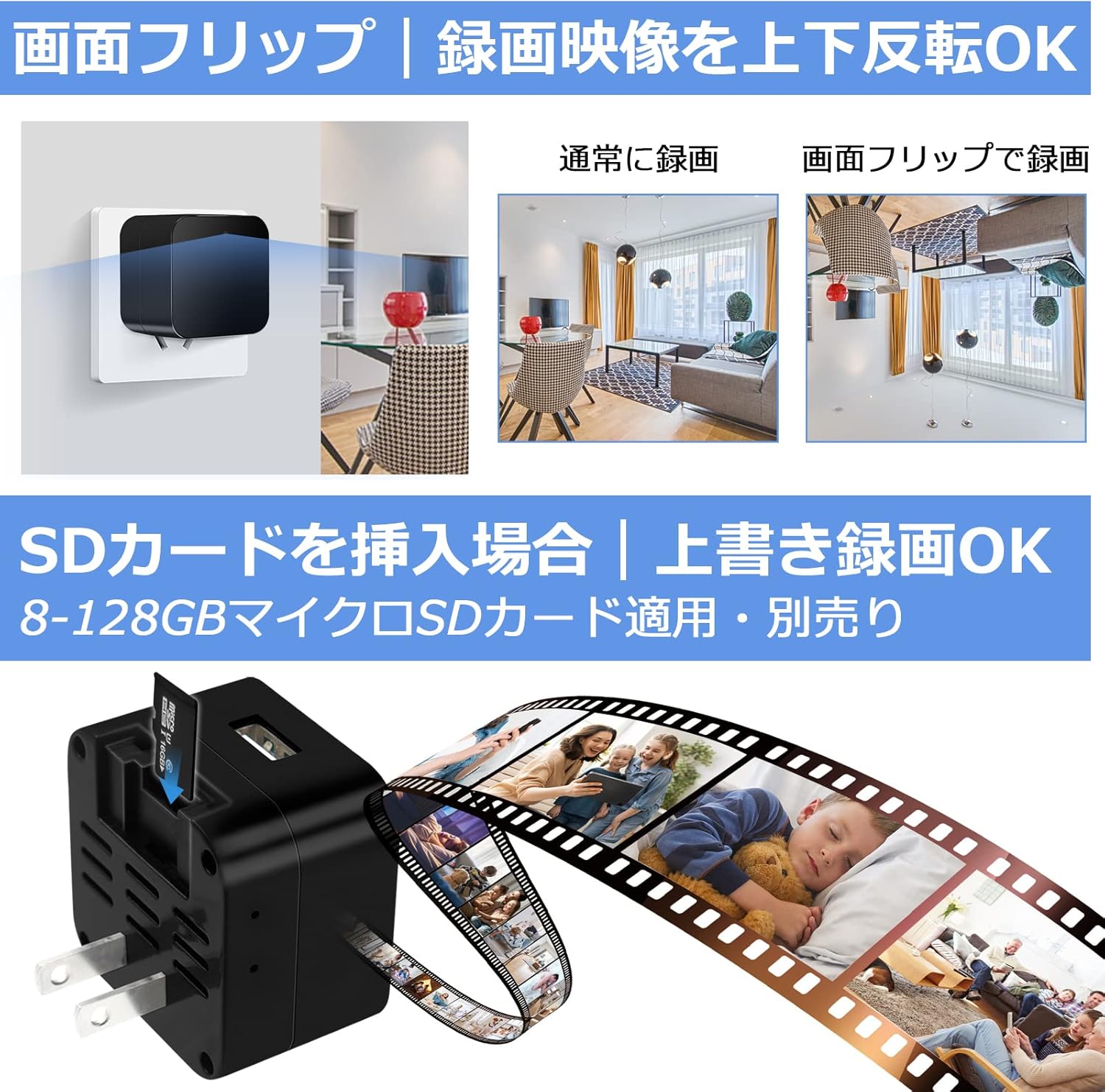 LXMIMI WiFi隠しカメラ 1080P 長時間録画 動体検知 充電器型