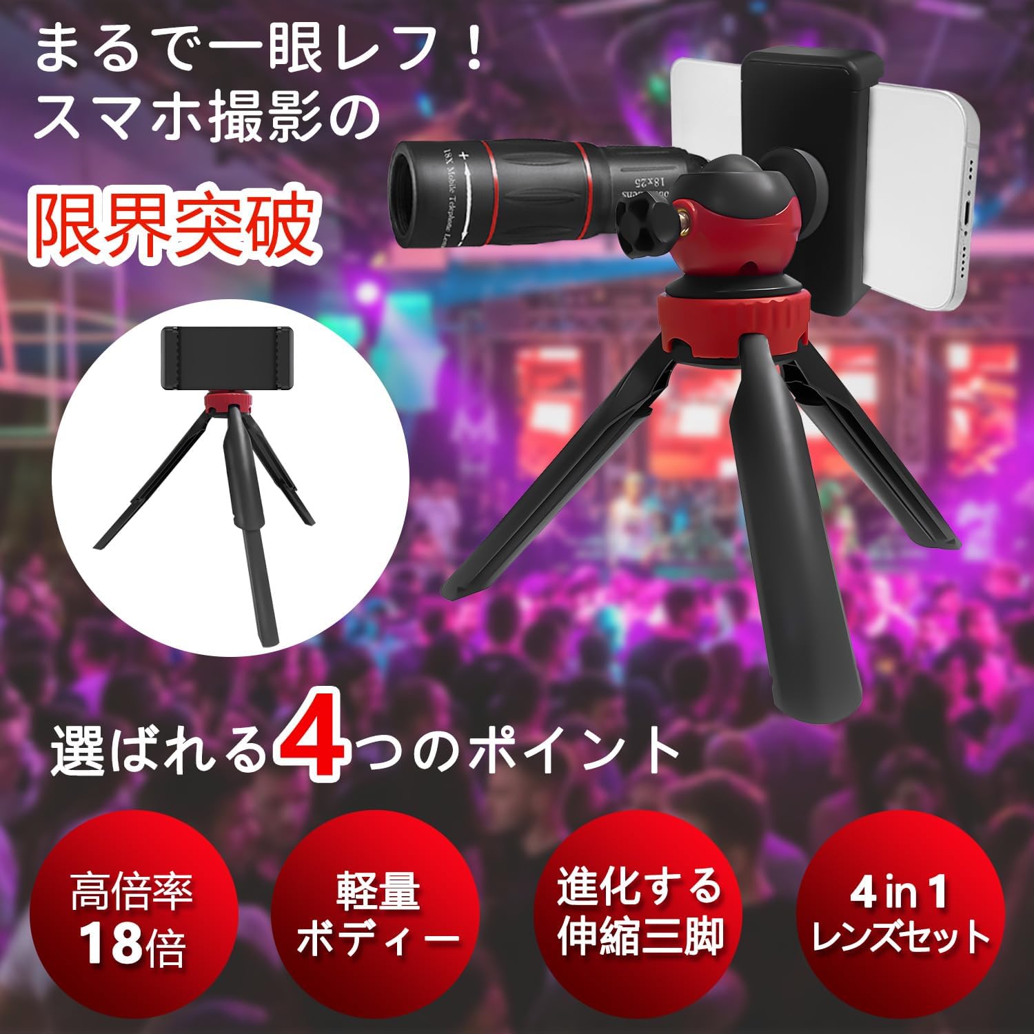 スマホ用望遠鏡セット 望遠レンズ18倍 マクロ・広角・魚眼レンズ付き 手ぶれ補正 三脚付き 高級プリズム Bak4対応