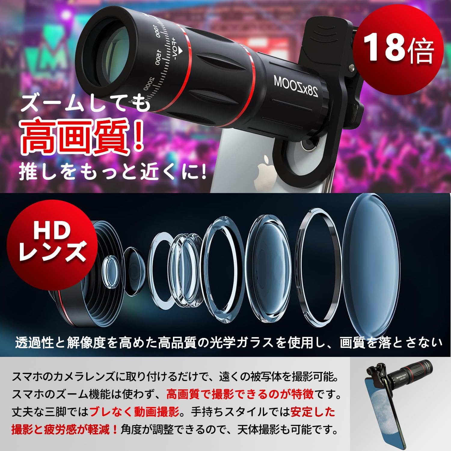 スマホ用望遠鏡セット 望遠レンズ18倍 マクロ・広角・魚眼レンズ付き 手ぶれ補正 三脚付き 高級プリズム Bak4対応