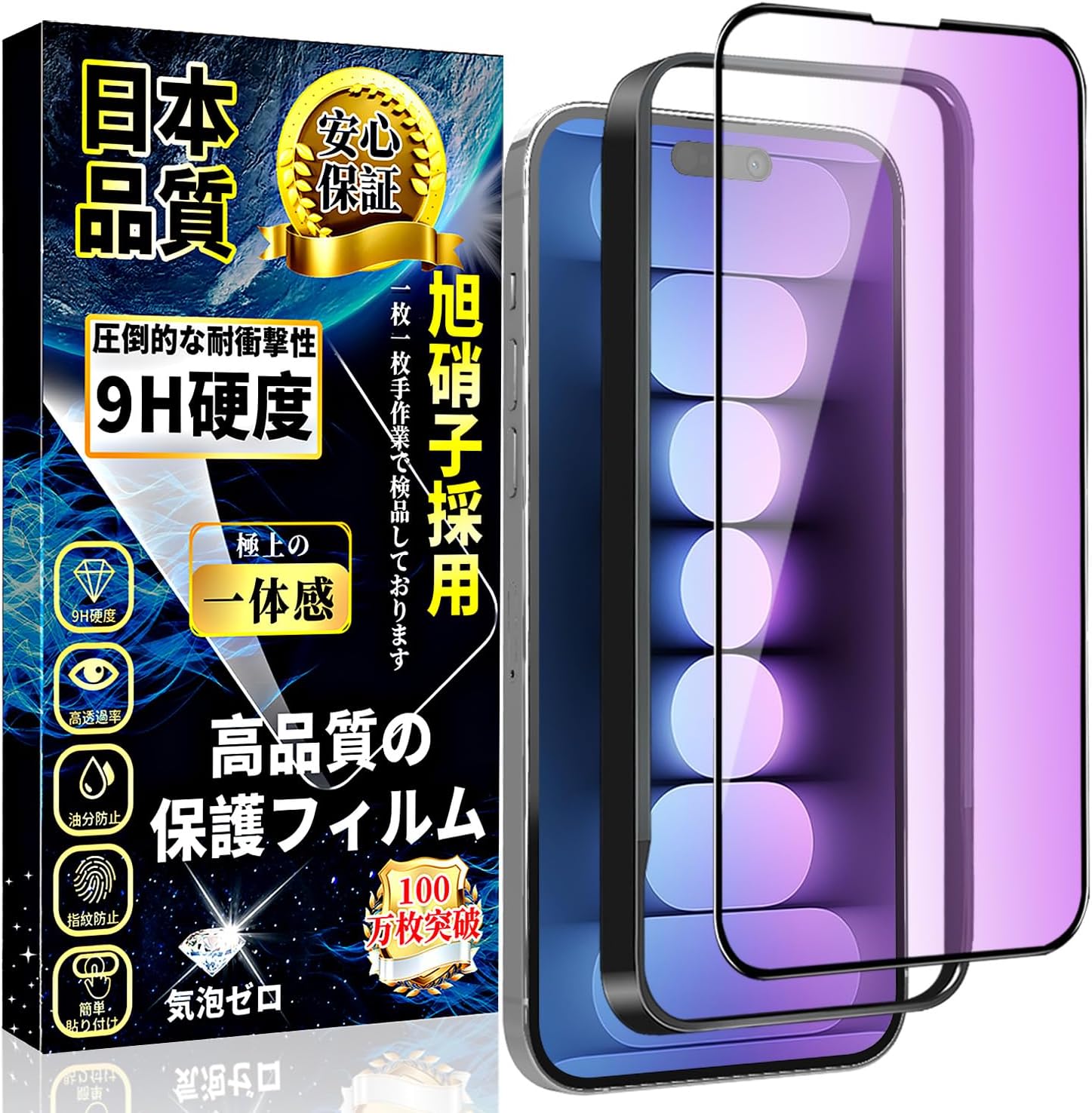 iPhone 15 用 日本旭硝子製 ブルーライトカット ガラスフィルム【ガイド枠付き・1枚】