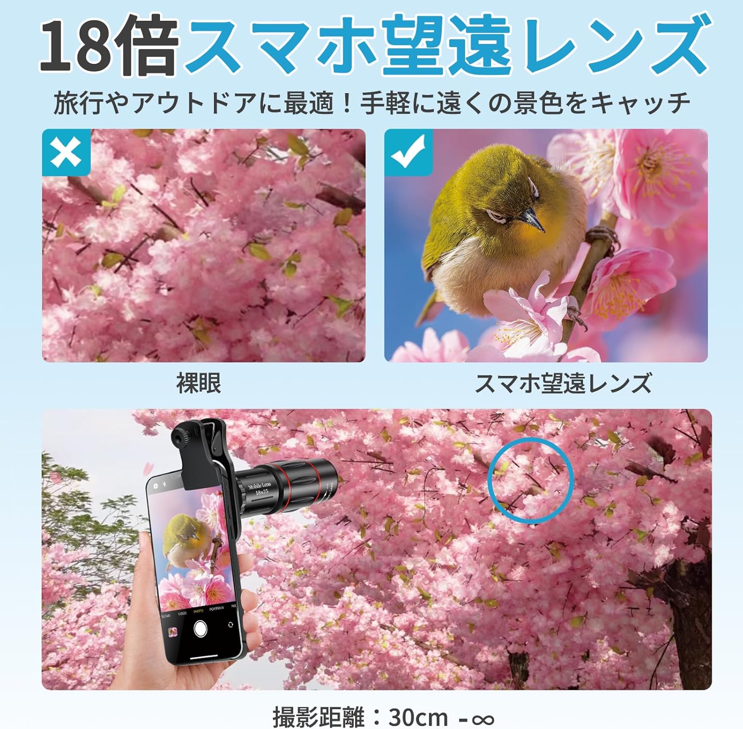 高倍率スマホ用望遠レンズ BAK4プリズム 軽量・片手操作【バードウォッチング・旅行に最適】