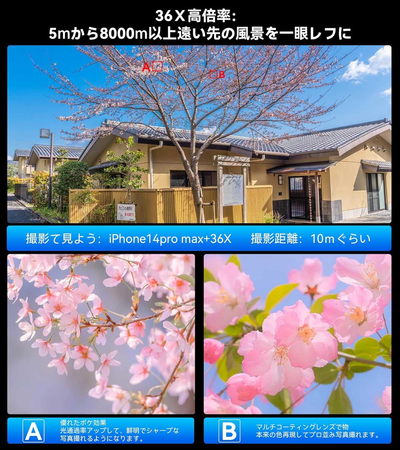 スマホ用36倍望遠レンズと調整可能三脚セット - 多機種対応・合金製