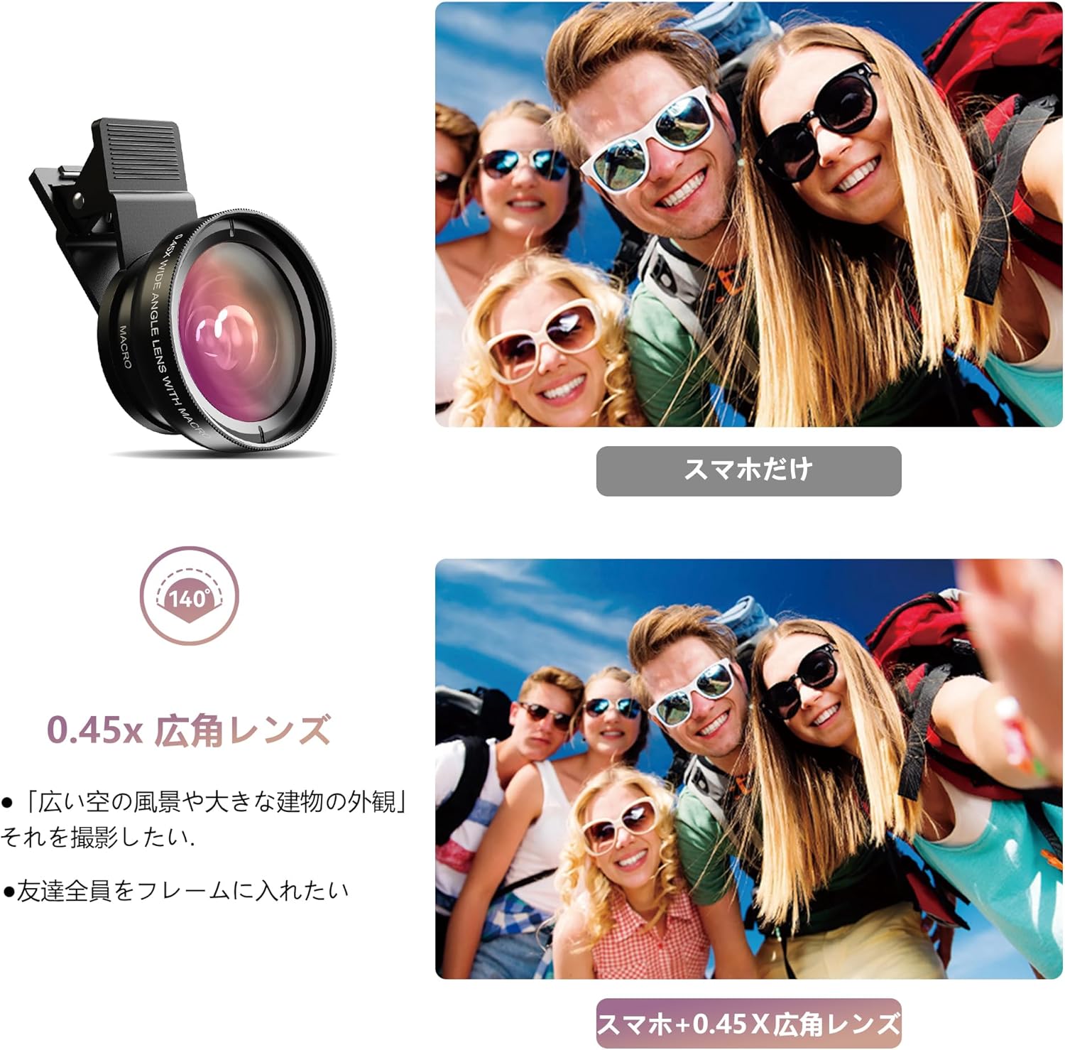 スマホ用2in1クリップ式カメラレンズ 0.45X広角+12.5Xマクロレンズ