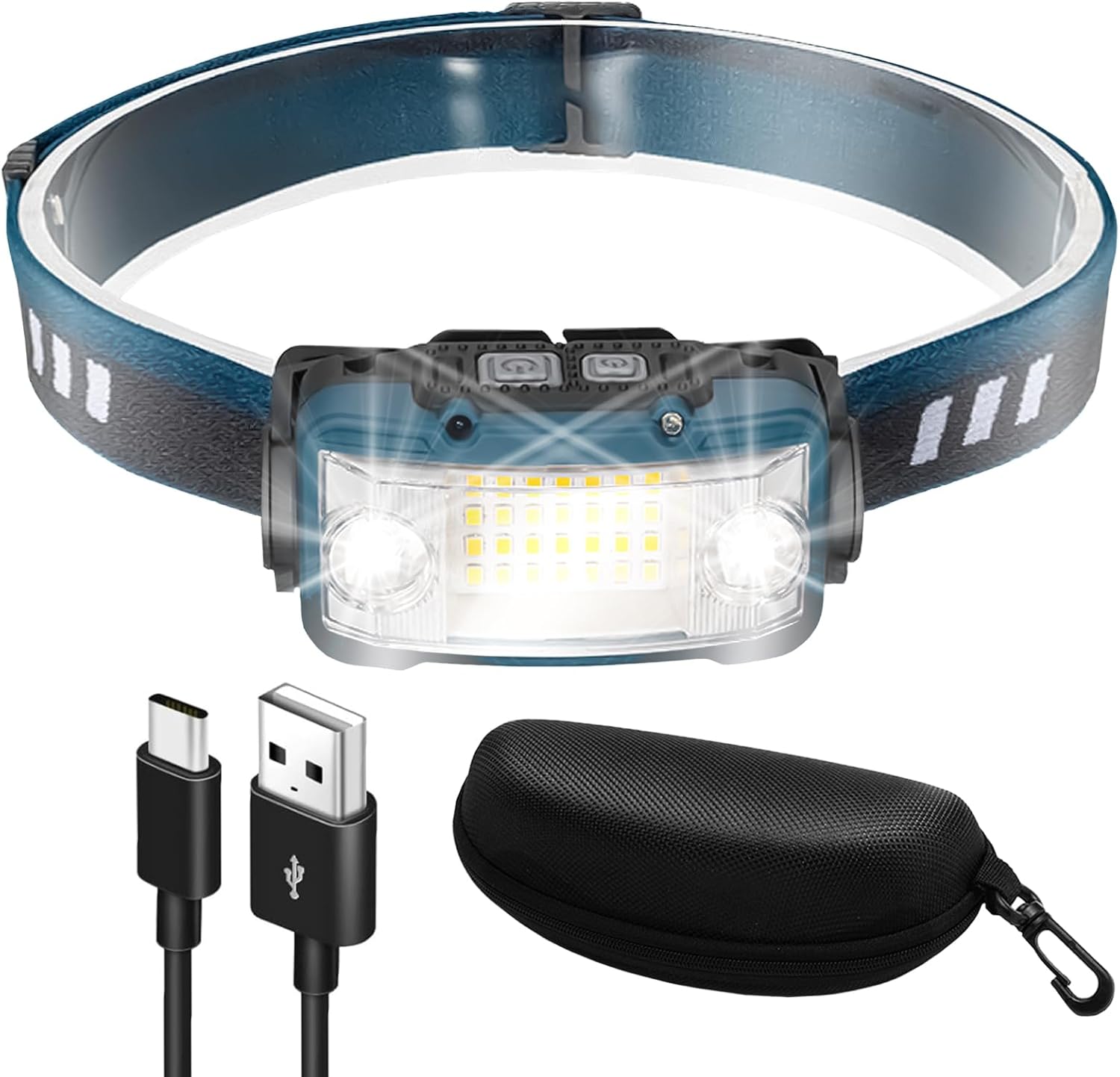 充電式LEDネックライト 防水センサー付き 小型ケース入り 青色