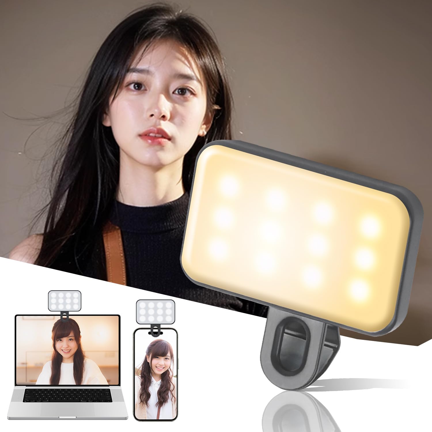 自撮り用クリップライト USB充電式 3色調整・3段階調光 コンパクト スマホ対応
