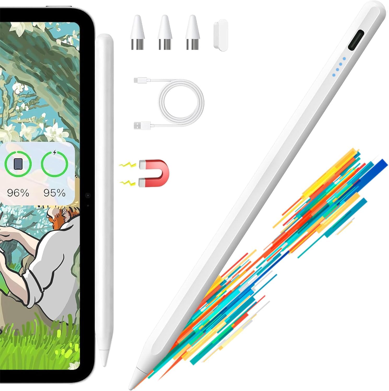 全機種対応 スタイラスペン 軽量 USB充電式 誤ON/OFF防止/電量表示付き 極細 iPad/iPhone/Android対応