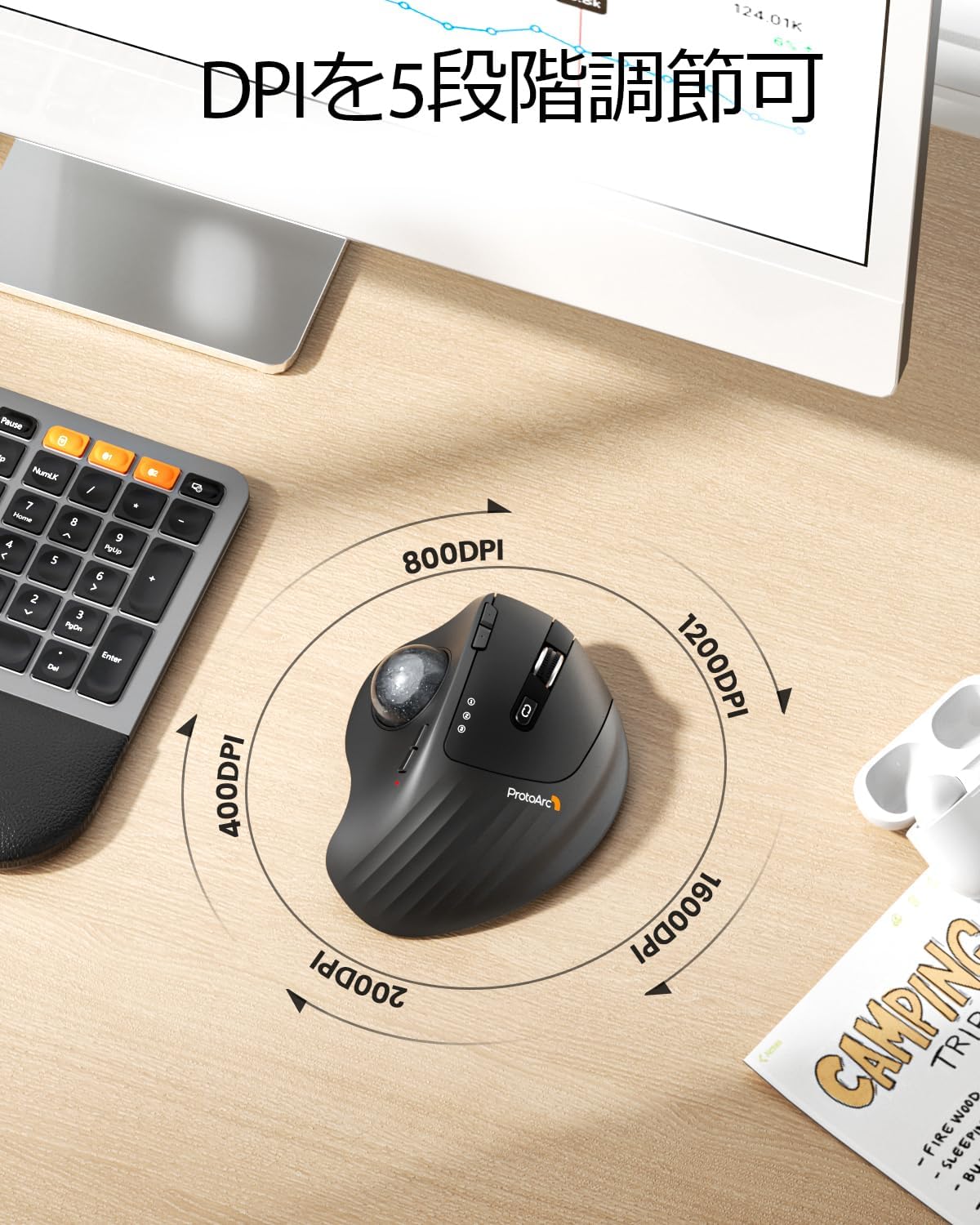 ProtoArc トラックボールマウス 無線 3台同時接続 5段階DPI 静音 USB-C充電 日本語取扱説明書