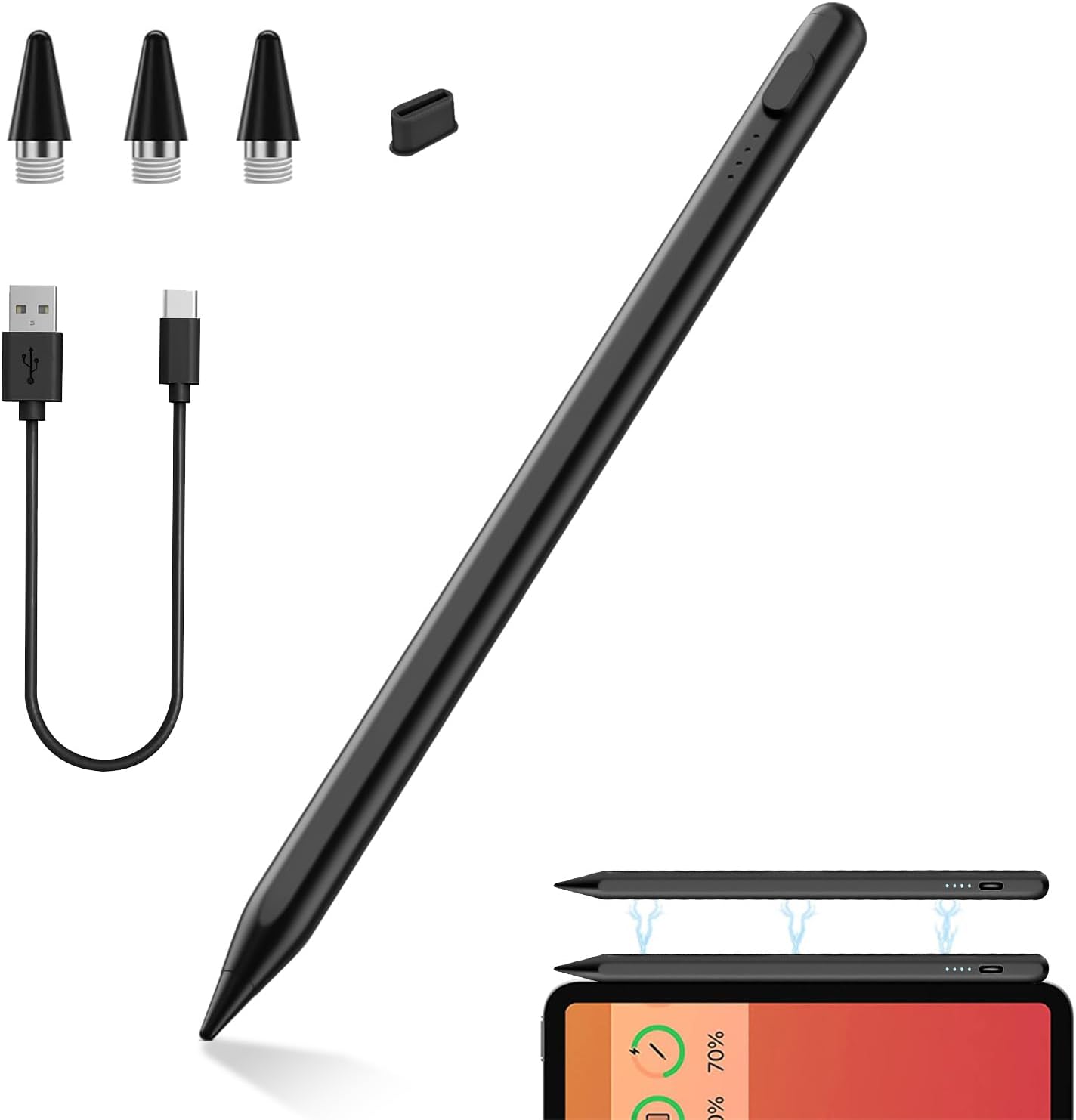 全機種対応 タッチペン 超高精度 極細 スタイラスペン USB充電式 軽量 耐久性 黒【日本語取扱説明書付】