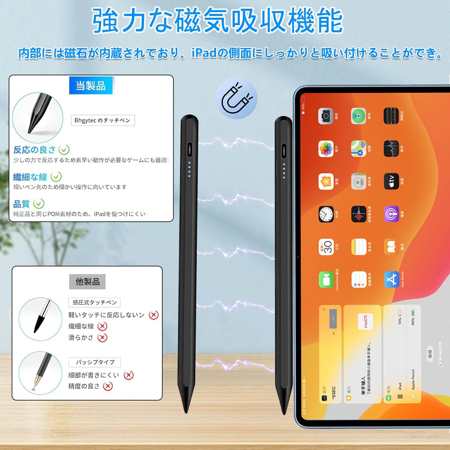 全機種対応 タッチペン 超高精度 極細 スタイラスペン USB充電式 軽量 耐久性 黒【日本語取扱説明書付】