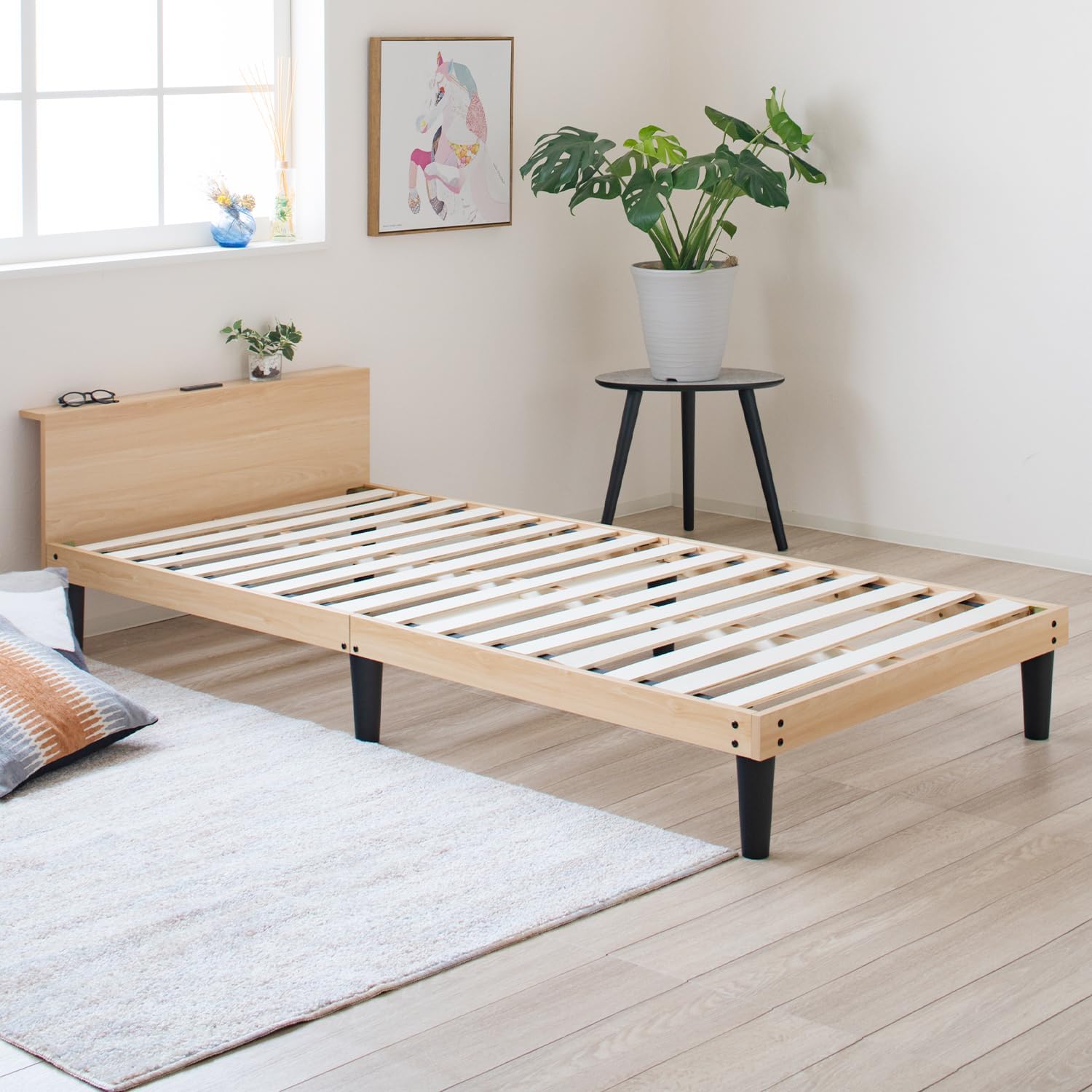 シングルベッド 宮棚付き 木製 すのこヘッドボード 完成品 2口コンセント付 高さ調整可 ナチュラル