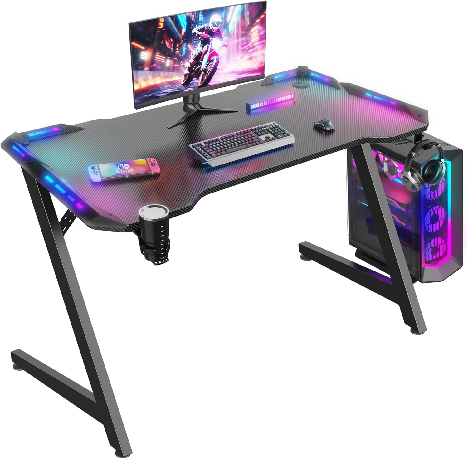 ゲーミングデスク LEDリモコン操作 Z字型 112cm 炭素繊維天板 ブラック