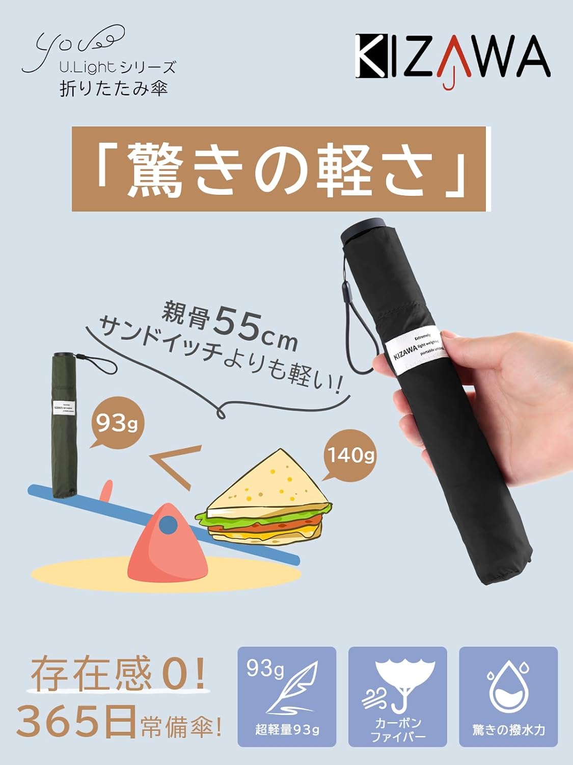 最軽量カーボン製コンパクト傘 逆さ折りたたみ傘 メンズ・レディース用 5級撥水 50cm