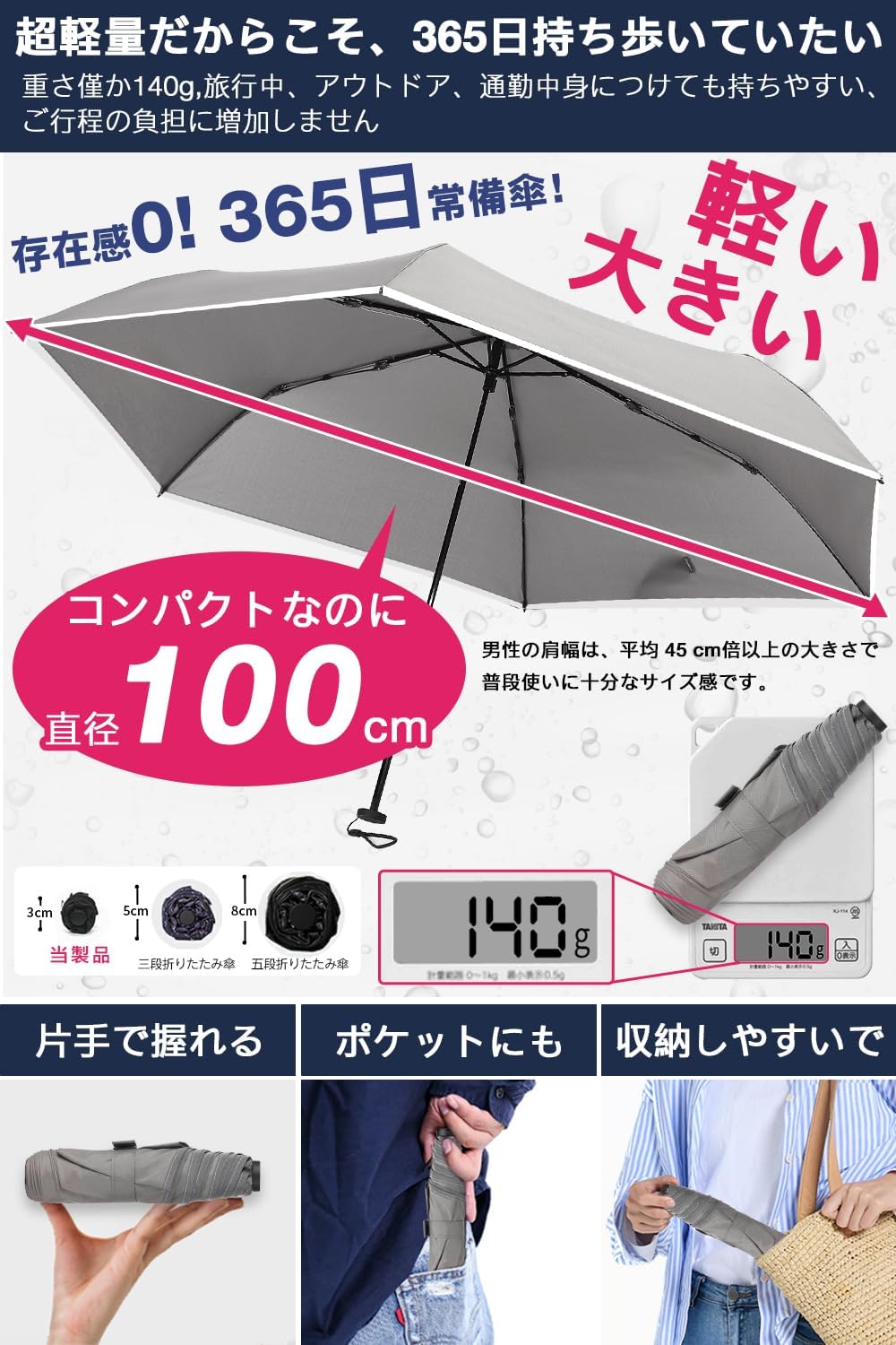 軽量カーボン折りたたみ傘 90g メンズ・レディース 反射テープ付き 撥水・耐風・収納ポーチ付