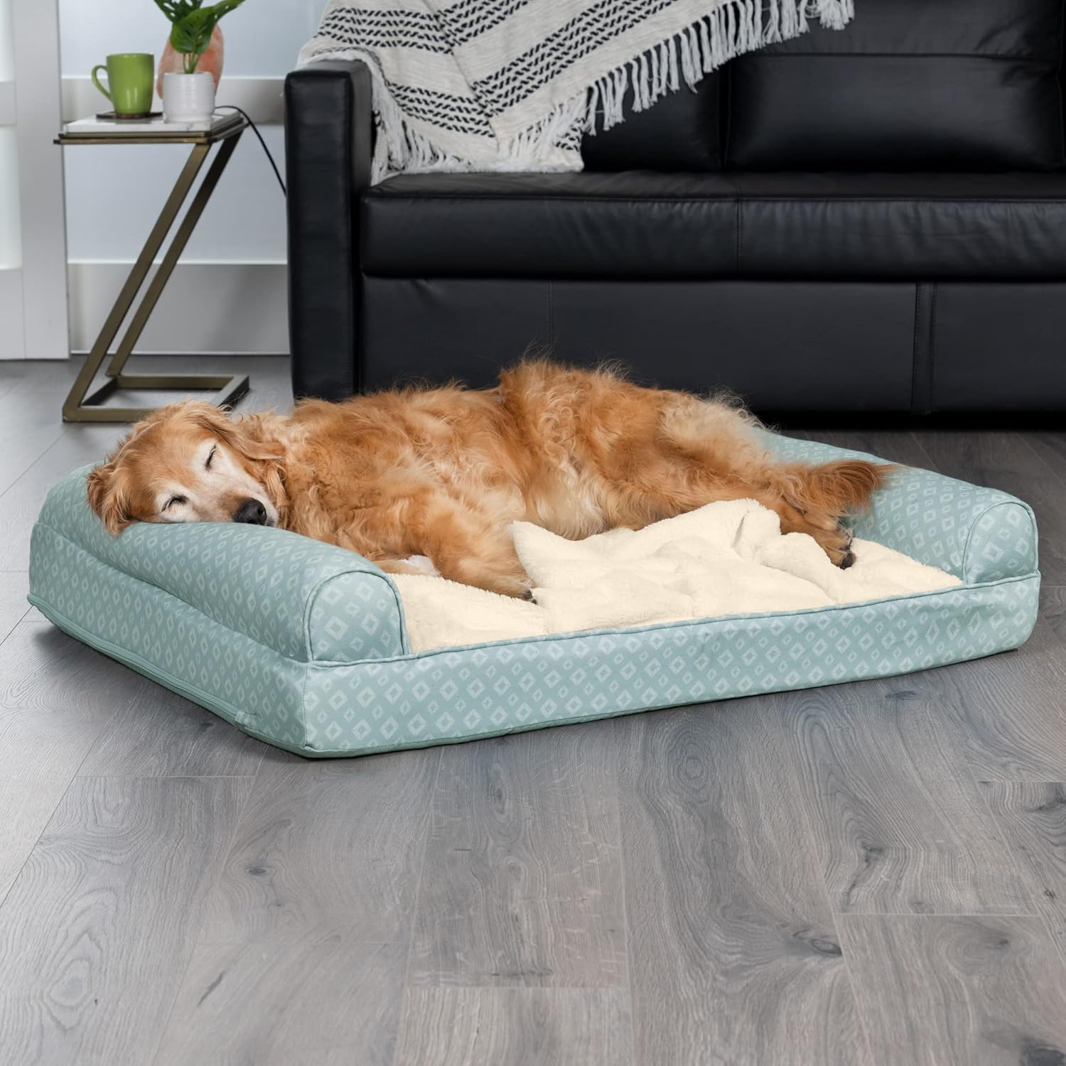 大型犬用冷却ジェルベッド 取り外し可能ボルスター&洗濯可能カバー付き アクア色 ジャンボ/XL