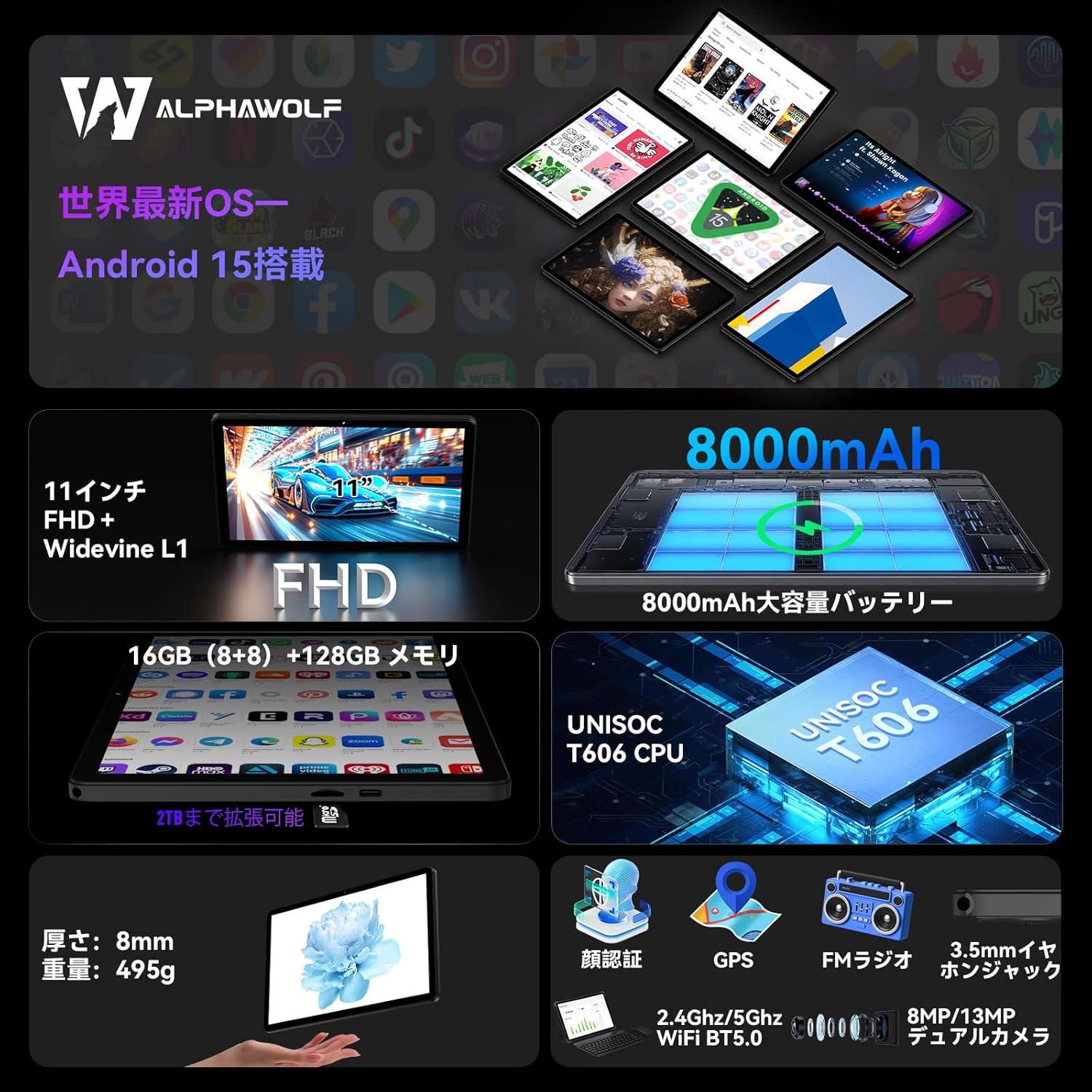 Android 15 タブレット 10インチ Wi-Fiモデル 8000mAh 16GB+128GB GPS対応