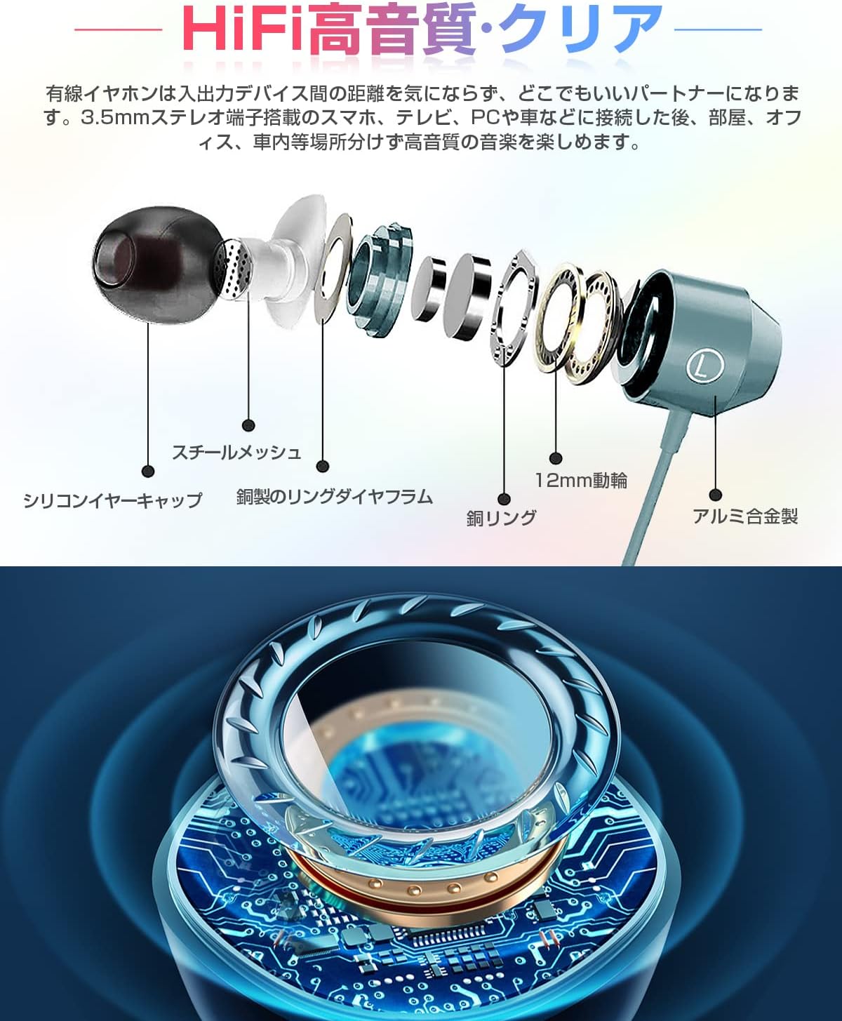 有線イヤホン 3.5mm マイク＆リモコン付き HIFI音質 高遮音性