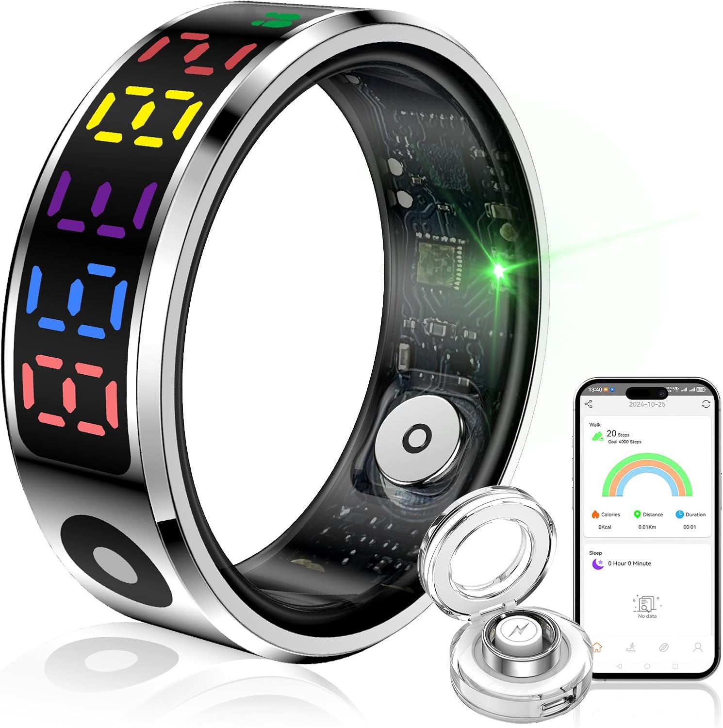 2025年新登場 スマートリング 男女兼用 5ATM防水 USB充電 睡眠管理・活動量計 (シルバー, 9号)
