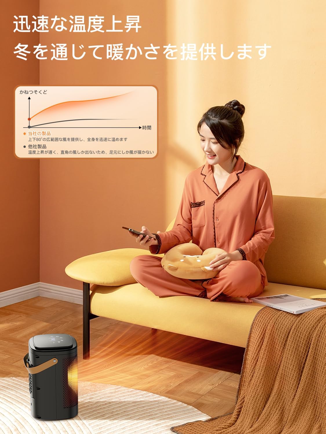 冬の必須！Yokepro セラミックファンヒーター 小型 自動首振り 温度調整 リモコン付き 省エネ【ブラック】