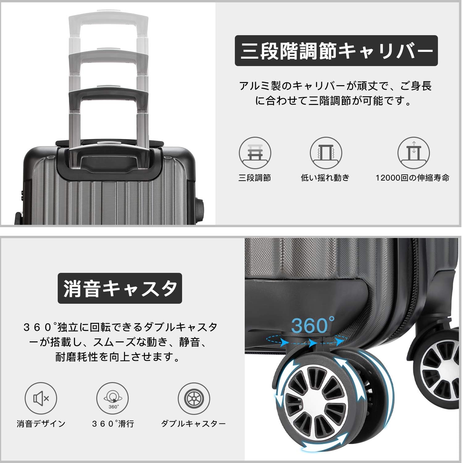 機内持込スーツケース S サイズ (40.5L, 灰) 超軽量・静音・耐衝撃・360度回転・TSAロック搭載