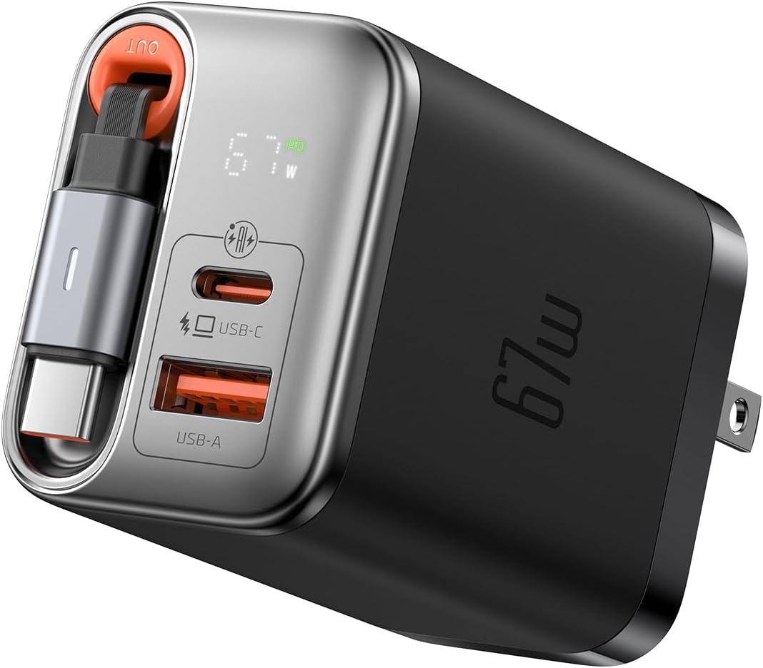 67W GaN急速充電器 PD充電器 Type-C/USB-Aポート 折りたたみ式プラグ ブラック【伸縮式USB-Cケーブル付】