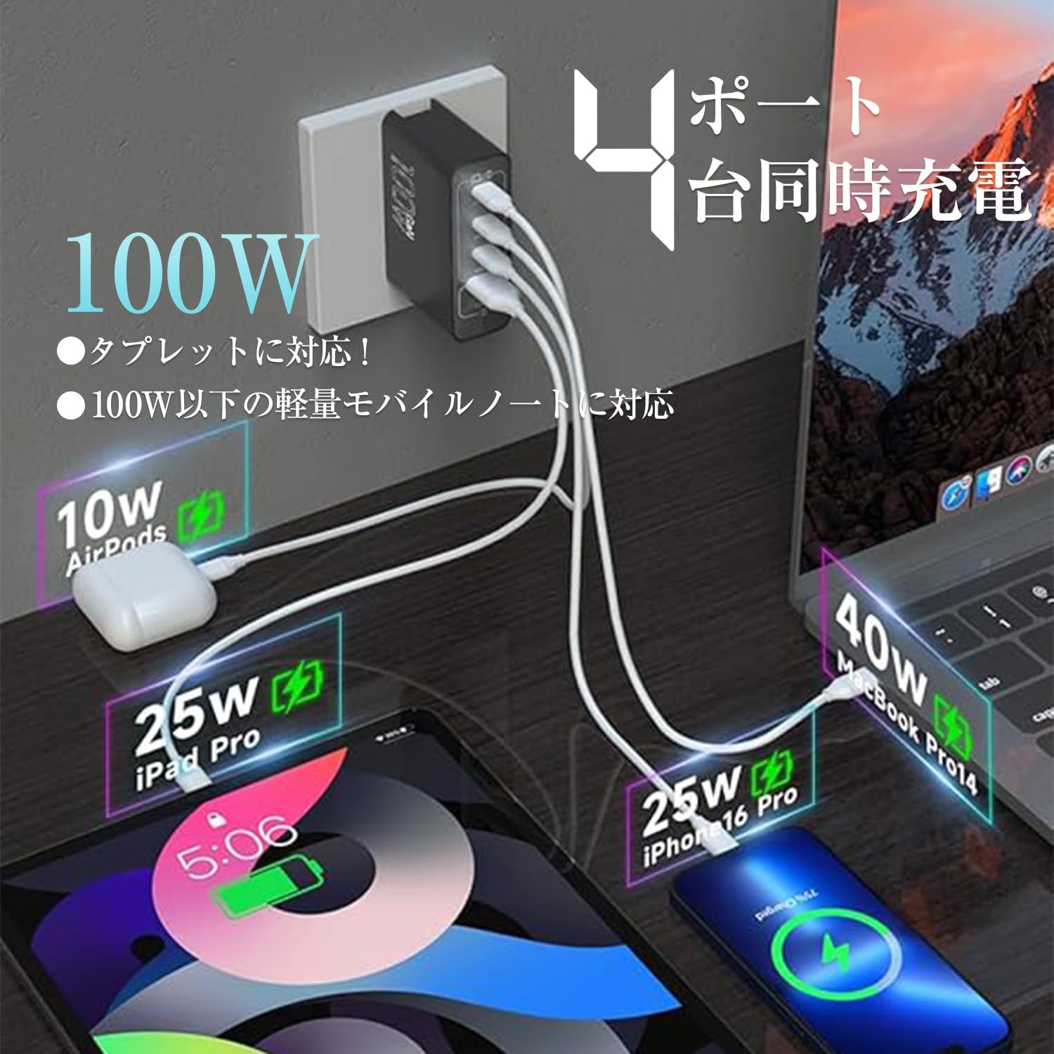 【100W PD急速充電器】超軽量・小型｜Type-C 3ポート+USB-Aで4台同時充電｜折りたたみプラグ・ポケット収納可能