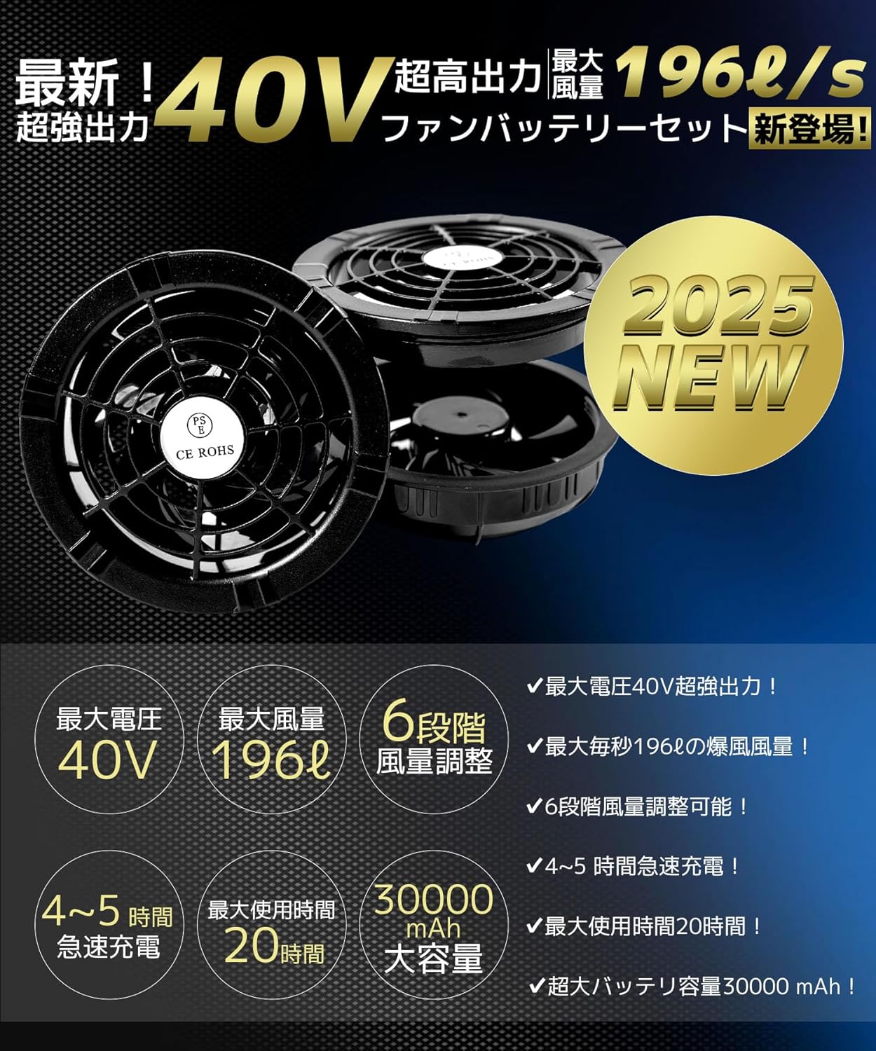 猛暑対策用空調作業服ファンバッテリーセット 40V/30000mAh 連続20時間稼働 日本製ブラシレスモーター