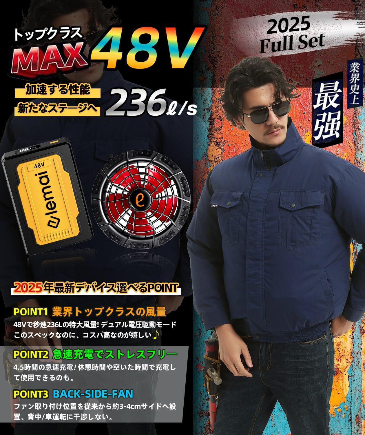 2025モデル 遮熱ファン付き作業服 綿100% 超高出力48Vバッテリーセット