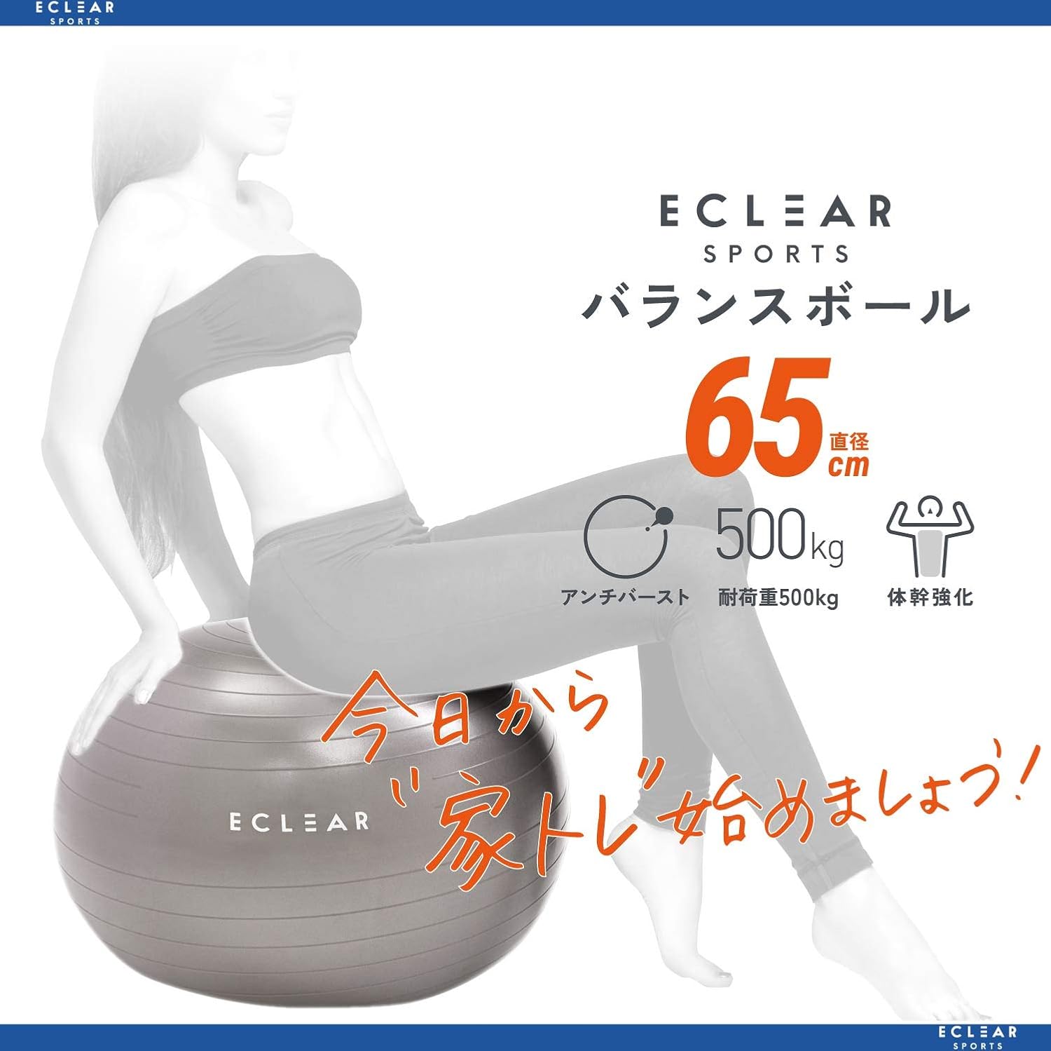 フィットネスバランスボール65cm(空気入れ付き・グレー)