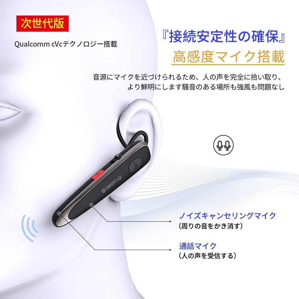 Bluetoothワイヤレスヘッドセット 日本語音声対応 Qualcommスマートチップ採用 ENCノイズ低減機能 充電急速対応 「黒」