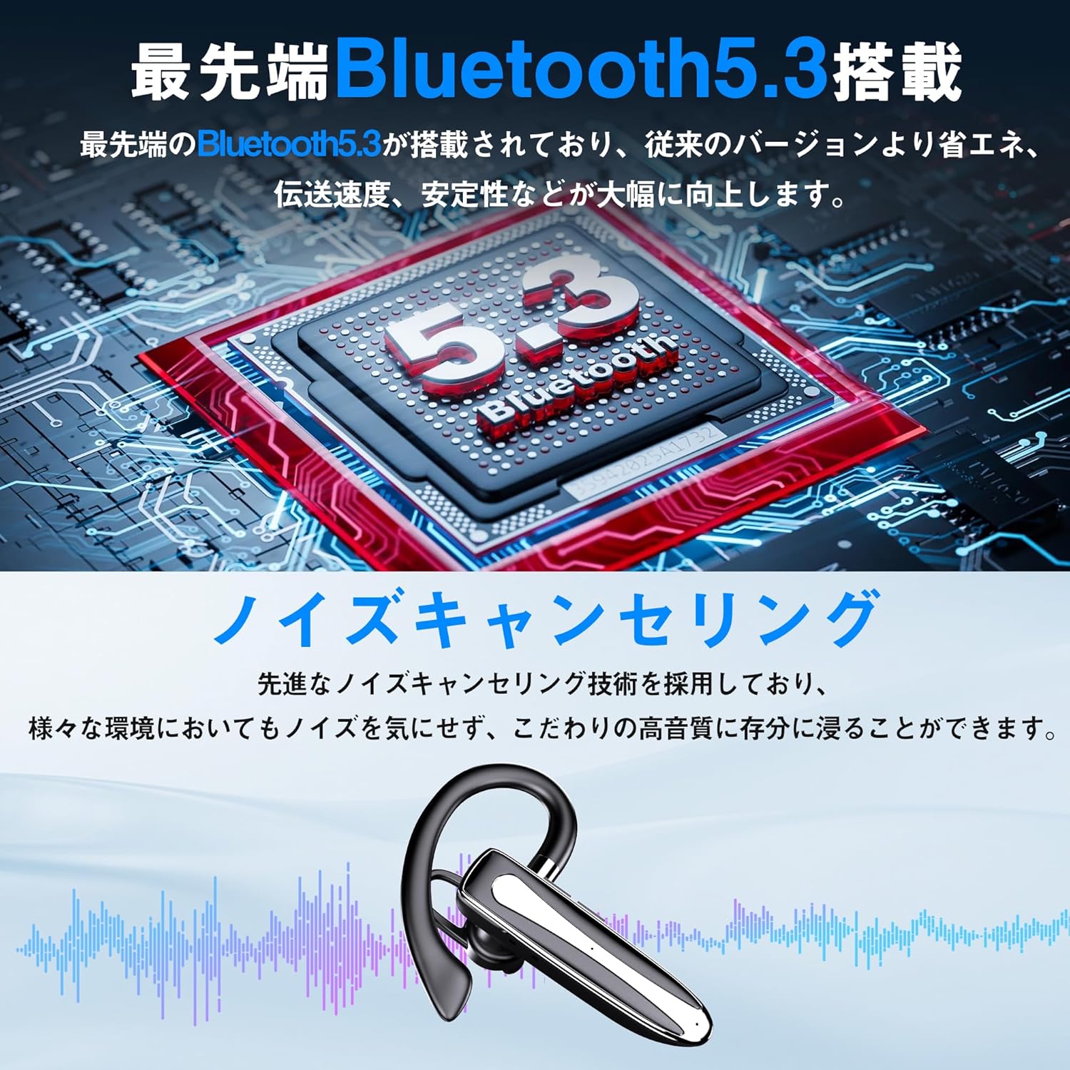 Bluetooth5.3 片耳ヘッドセット 最大96時間連続使用 ハンズフリー通話対応 充電ケース付き 春のギフト ブラック