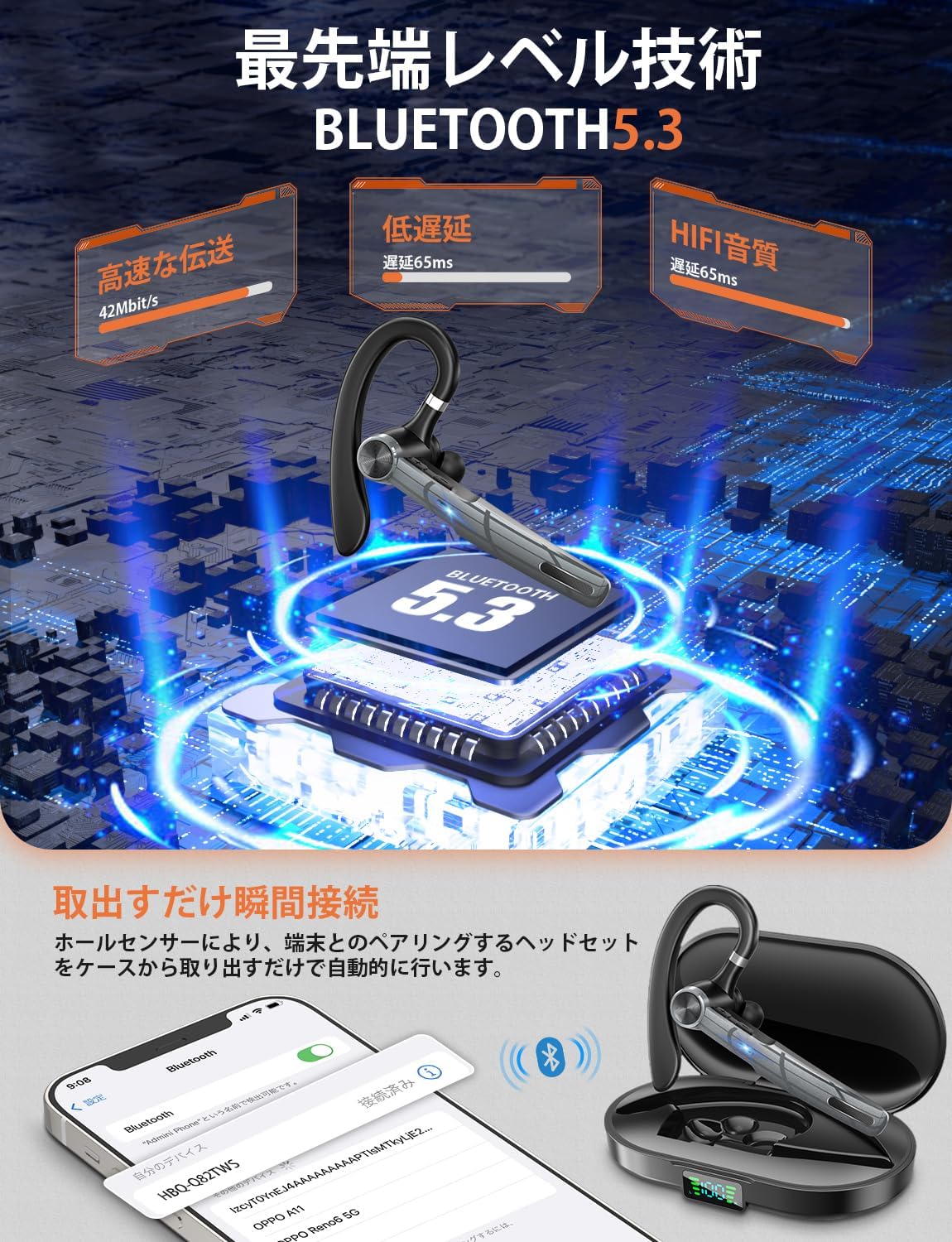 Bluetoothヘッドセット（片耳型）最大110時間待受・500mAh充電ケース付【テレワーク・通勤・通学対応】