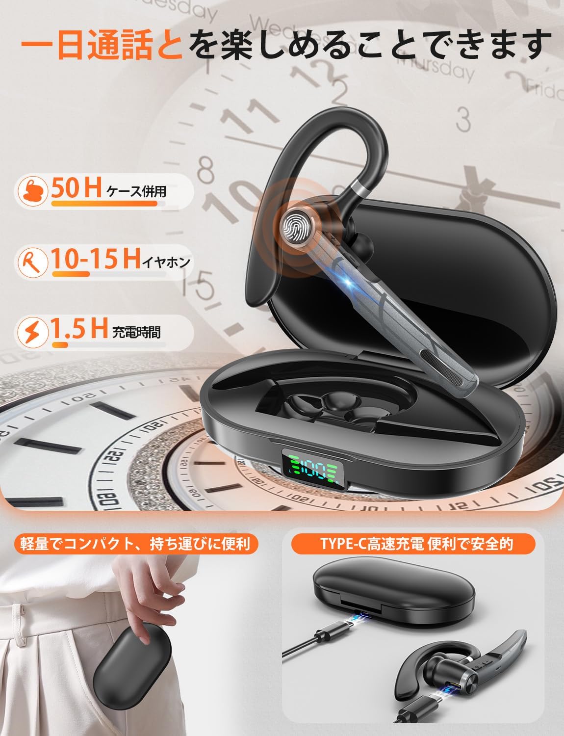 Bluetoothヘッドセット（片耳型）最大110時間待受・500mAh充電ケース付【テレワーク・通勤・通学対応】