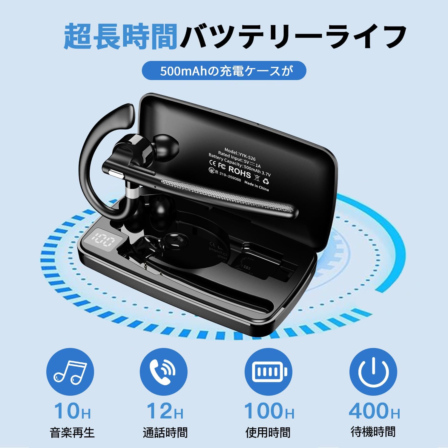 【Bluetooth5.4 ワイヤレスイヤフォン CVC8.0ノイズキャンセリング 片耳型】
