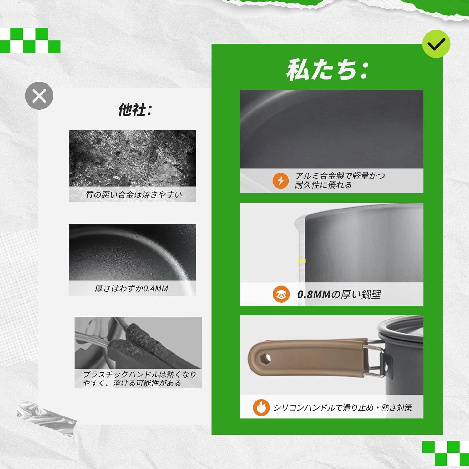 2025新モデル 軽量アルミクッカーセット 2-3人用 キャンプ・アウトドア調理器具 収納袋付き