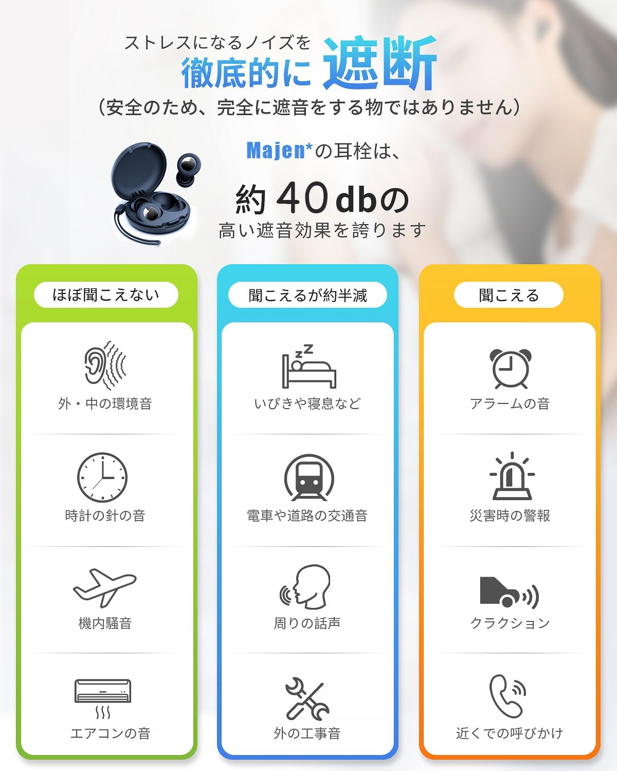 いびき対策 シリコン製ノイズキャンセリング耳栓 完全遮音 55dB 男女兼用 収納ポーチ付き