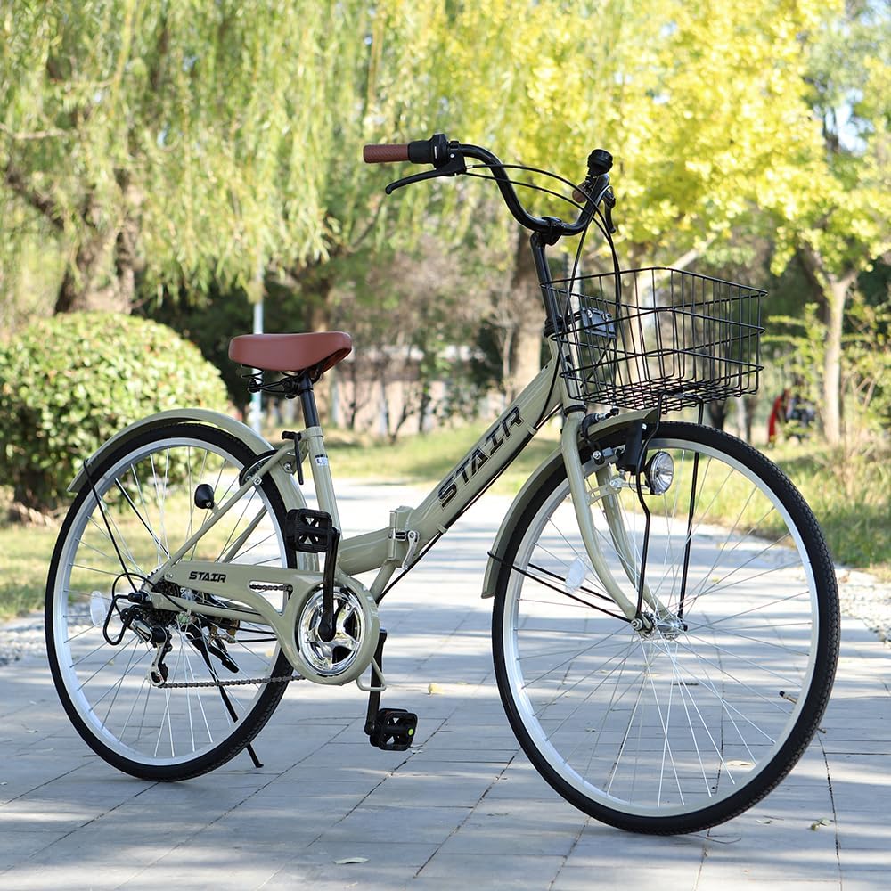 26インチ 折りたたみ自転車 シマノ6段変速 ママチャリ カゴ・ロック錠・ダイナモライト付