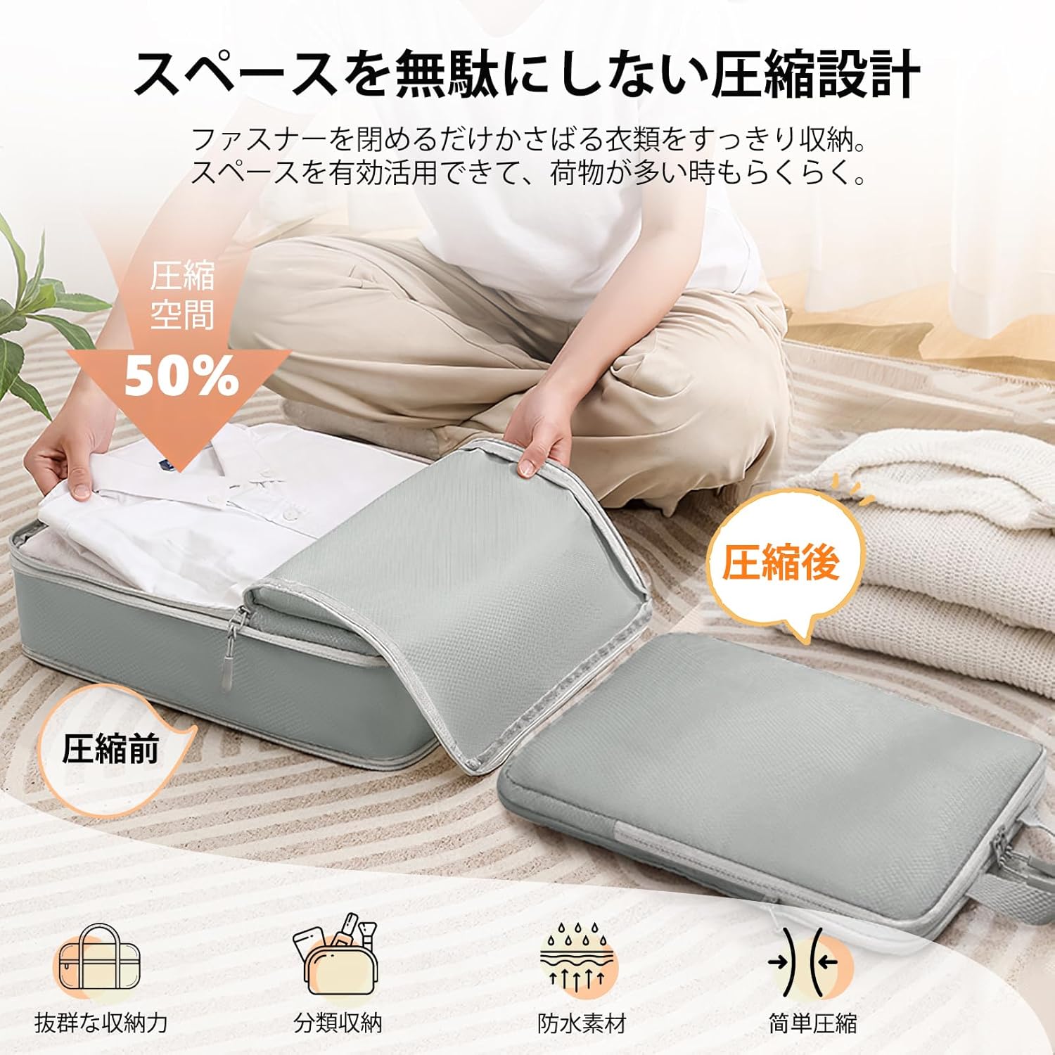 旅行用圧縮袋 4点セット 衣類整理ダークグレー